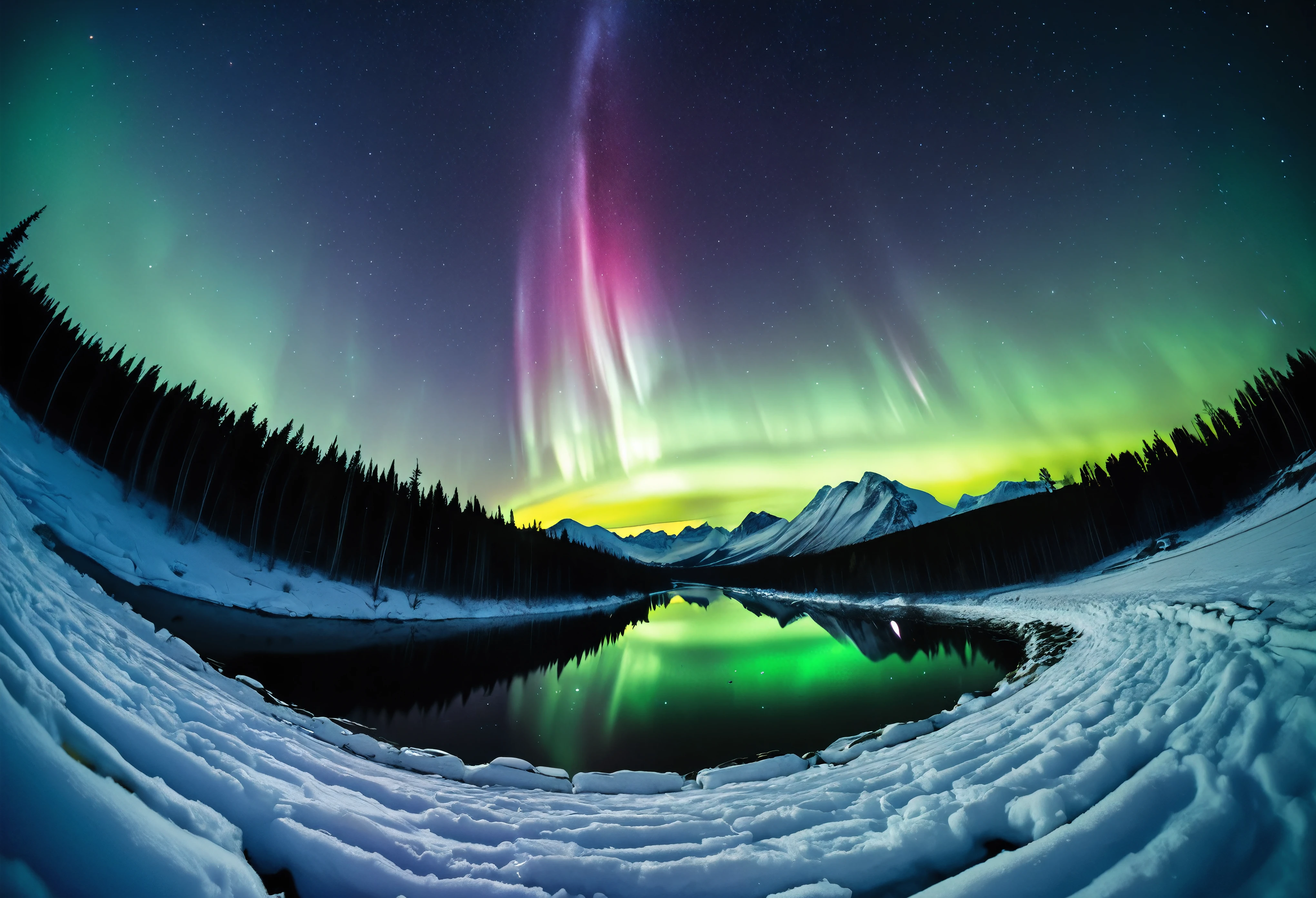 (\Nikon F3, Nikkor 28mm ,  fisheye lens, ISO 50, F:16,  shutter speed :1/1 0), velvia 50 \,  accurate focus ,  secure hold, Charming Blurring ,  RAW Photos,  BRAKE shooting auroras ,  long exposure ,  I look up at a starry sky from above a glacier, It was taken looking directly above, Astronomical photography , BREAK: Subtle auroras in the quiet night sky,  absurd,  high contrast , I will tell you an aesthetic scene that transcends even the providence of nature, BREAK random style transformation, 