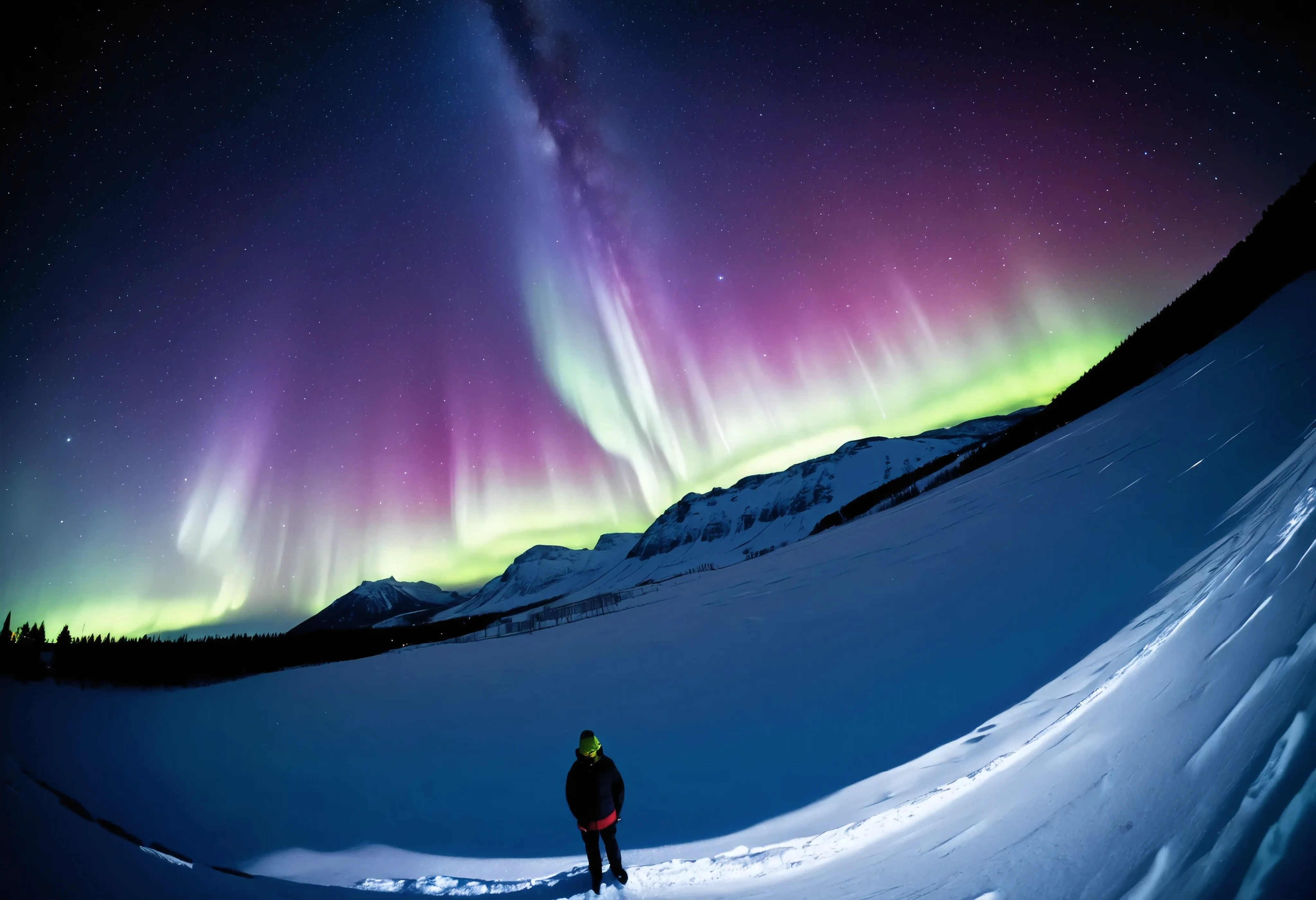 (\Nikon F3, Nikkor 28mm ,  fisheye lens, ISO 50, F:16,  shutter speed :1/1 0), velvia 50 \,  accurate focus ,  secure hold, Charming Blurring ,  RAW Photos,  BRAKE shooting auroras ,  long exposure ,  I look up at a starry sky from above a glacier, It was taken looking directly above, Astronomical photography , BREAK: Subtle auroras in the quiet night sky,  absurd,  high contrast , I will tell you an aesthetic scene that transcends even the providence of nature, BREAK random style transformation, 