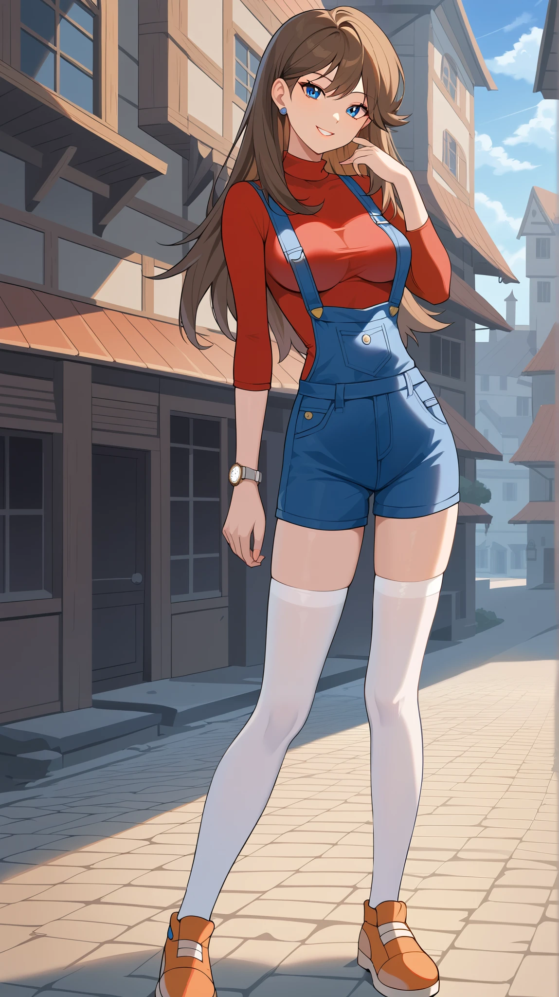 bare hands, no gloves ,  score_9,  score_8_Excellent,  score_7_Excellent,  score_6_Excellent,  best quality,  source_Anime,  cell shading ,  Flat Color , vector,  detailed background, town, building,  break 1 girl , Alone, (\ Pokémon\),  brown hair, Long Hair,  blue eyes,  white knee-high stockings, Ample breasts,  Watch Viewers, 1 Female, Age 18,  standing, whole body,  slim figure, Outdoor,  seductive smiles from all around,  provocative smile ,  blue overalls, Red long sleeve shirt,　Orange shoes,  put one hand on the lower back ,  absolute domain,  Tall, bare hands, no gloves ,
