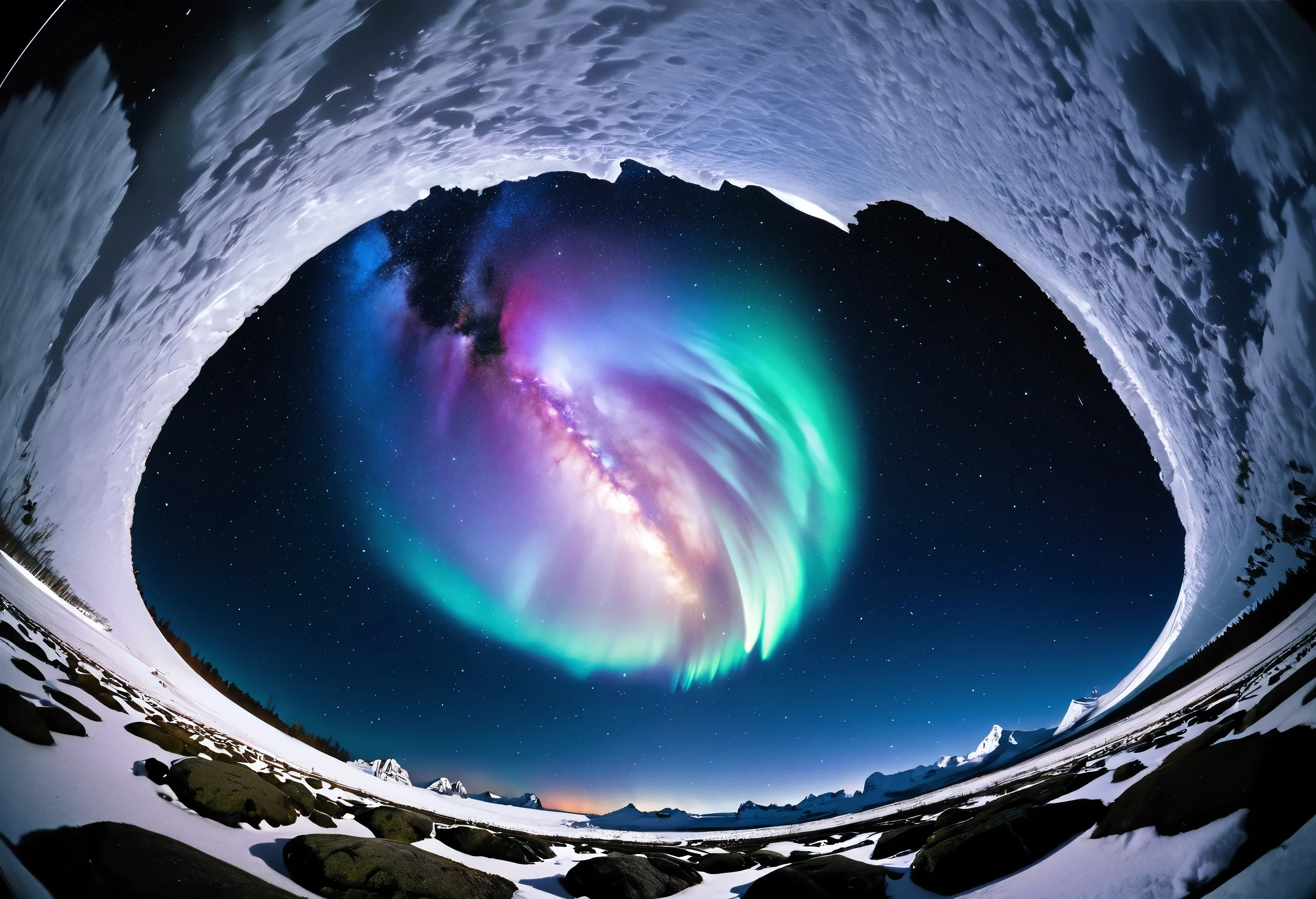 (\Nikon F3, Nikkor 28mm ,  fisheye lens, ISO 50, F:16,  shutter speed :1/1 0), velvia 50 \,  accurate focus ,  secure hold, Charming Blurring ,  RAW Photos,  BRAKE shooting auroras ,  long exposure ,  I look up at a starry sky from above a glacier, It was taken looking directly above, Astronomical photography , BREAK: Subtle auroras in the quiet night sky,  absurd,  high contrast , I will tell you an aesthetic scene that transcends even the providence of nature, BREAK random style transformation, 