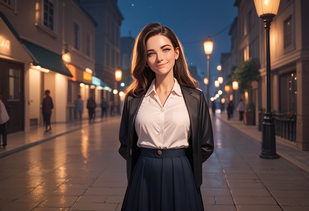 score 9, score 8_up, score 7_up, score real, beautiful face woman, Accurate limb expression、　Smiling gently、((dark medium straight hair)), amazing hourglass figure, (dark color jacket and long skirt),(white collared long sleeve shirt), ((untucked shirt:1.2)), perfect figure, city at night, (standing with　Arms folded behind back) ,Arms behind back, front view, score_9, score_8_up, score_7_up, source real, real skin, BREAK,, score_9, score_8_up, score_7_up, score_9, score_8_up, score_7_up, face,score_9, score_8_up, score_7_up,source_real,real skin, BREAK