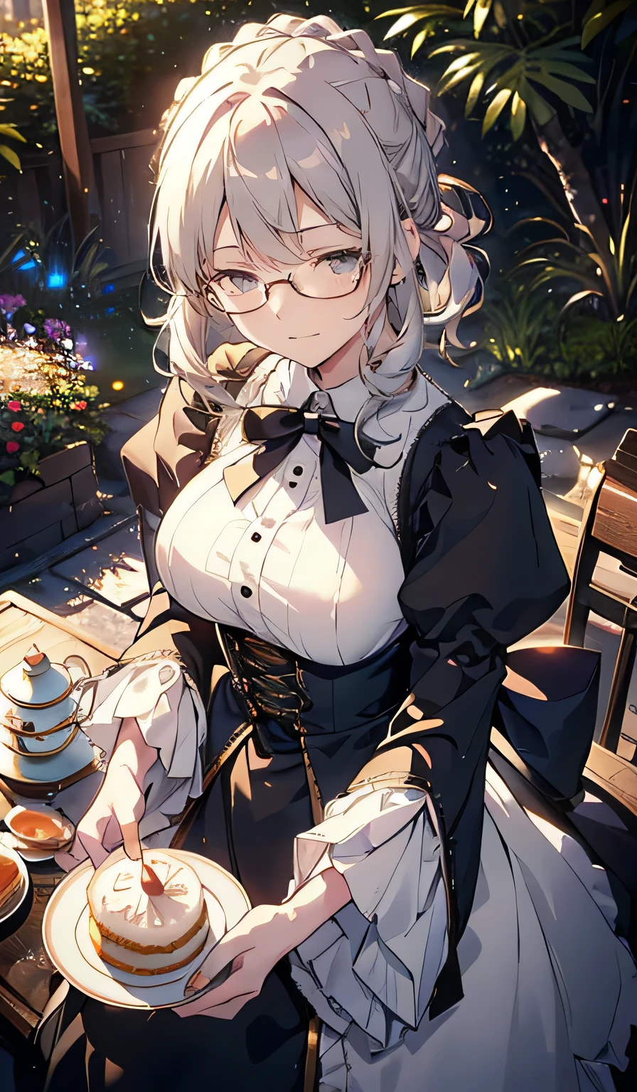 (best quality, masterpiece), (ultra high resolution, 8K RAW photo, photo realistics:1.5, cinematic lighting, textile shading, thin outline, clear focus:1.2), Beautuful Matured woman preparing tea_party in the garden, standing by the round table, (pouring tea into a cup from a tea-pot:1.2), leaning forward, (meisen's tea set, tea pot, tea cups, some cakes on dish), delicate and classy British style white table with gold accents and royal_blue, (wearing dark-green maid uniform:1.5, breast cleavage, green maid costume:1.2, long flare skirts, apron, bow ties on the chest), long tall sally, long legs, white hair, (wearing thin-flame glasses:1.2), (milf:1.5, 28 years old, solo), (large breast, sagging breast, big tits, narrow waist), full bodyesbian, (medium short white hair, hair over one eye, (updo hair:1.2), side lock, asymmetric hair, wavy hair), (fine bright pupils, high detailed eyes with highlight:1.3, high detailed face, Perfect face shape, eye rush), (seductitve smiling, half-closing eyes:1.2), (looking at viewers:1.3), (dutch angle, full body:0.3, from below:1.2), ((correct anatomy:1.5, correct hands)), (ideal ratio of body proportions), (outdoor:1.2, grass field),
