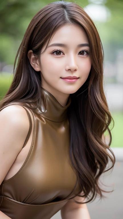 (masterpiece:1. 0), (highest quality:1. 4), (ultra high resolution:1. 2), (realistic:1. 4), (8K, RAW photo:1. 2), (soft focus:1. 4), 1 female, (sharp focus:1. 4), (Japanese:1. 1), detailed beautiful face, brown hair, medium long hair, (Detailed leather jacket and leather pants:1. 4), Beautiful white shiny moist skin, smile