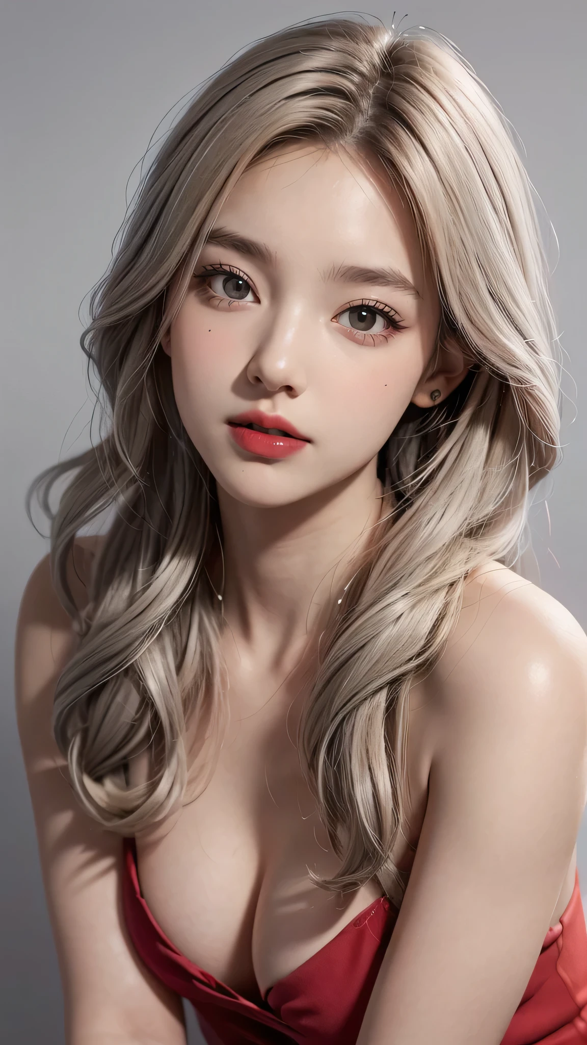 highest quality, masterpiece, ultra high resolution, (realistic:1.4), Raw photo, 1 girl 19 years old, simple gray background, ((naked、Upper body)), looking at the viewer