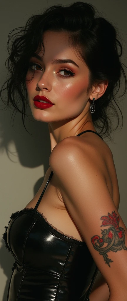 super hot woman, red lips, red lipstick, glossy lips, fuckable face, masturbatable face, super fine face, black bra, oily body, sweaty body