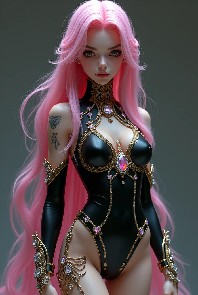 Anime style woman, thin, slender, full-body, full of tattoos, full of piercings, beautiful shining hair, iridescent eyes, slanted eyes, wavy hair, gentle and attractive, bare shoulders, delicate and sexy collarbone, attractive oval face, double eyelids, pink lips, small nose, focused face, ultra high definition, ultra detail, elegant standing posture, ultra-fine translucent luxury mini dress, Glittery skin