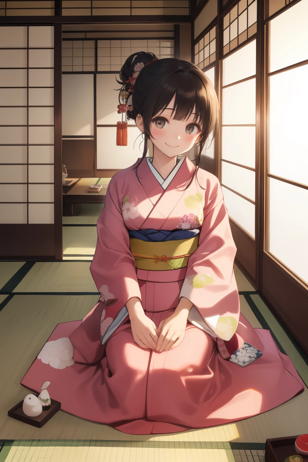   score_9,   score_8_up,   score_7_up,   score_6,   score_5_up,   score_4_upanime break，  It's a quiet, traditional Japanese-style room 、There are tatami mats and shoji doors  、  soft light shines in  .   A woman wearing a beautifully patterned kimono and obi gently holds the girl.   The two look at each other with a warm smile  . The girl is wearing a small kimono  ,   her hair is tied in a simple chignon  .   The room is full of toys and Len books  ,   creates a cozy atmosphere , 8k, Photo Style,  Girl Temptation，