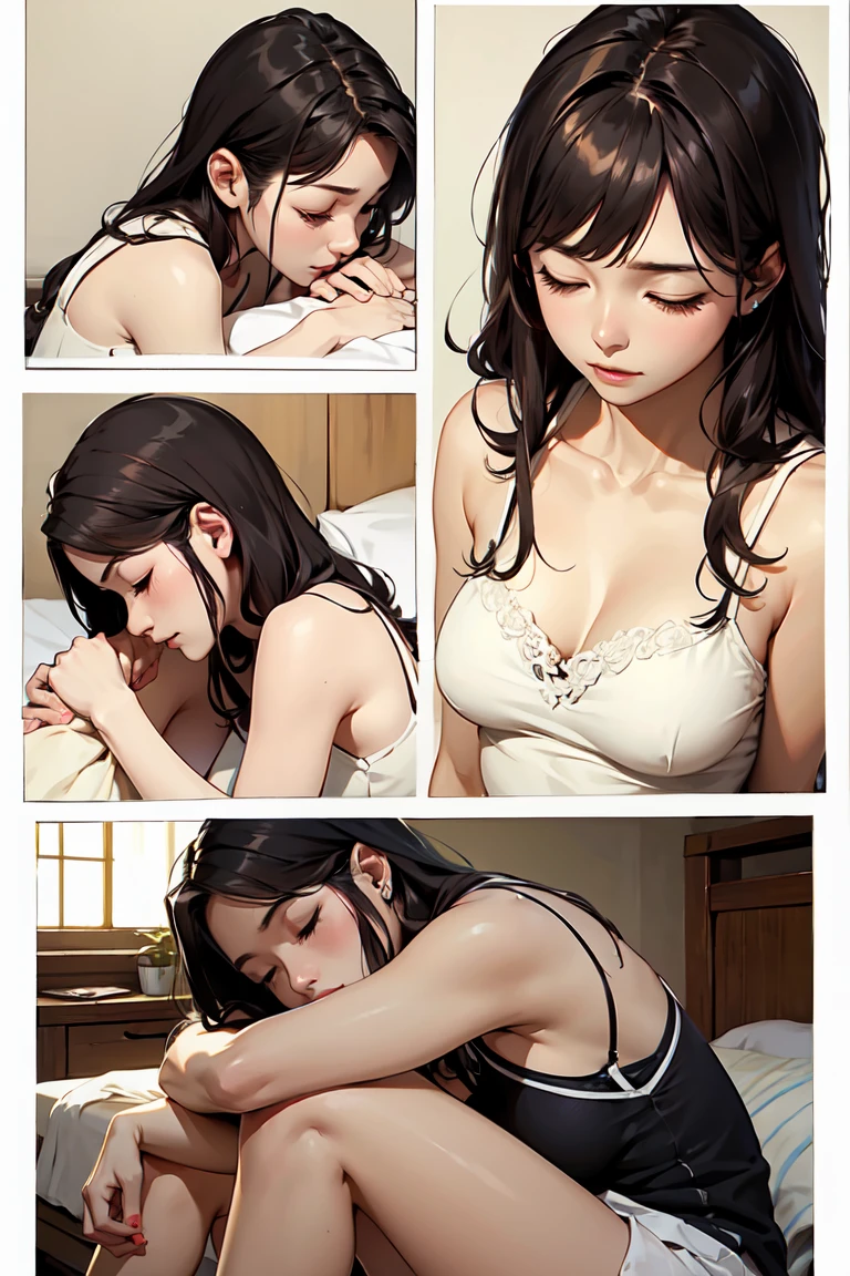 Woman sleeping well、profile、Eyes closed、 whiter camisole than Leon、Both knees are bent 