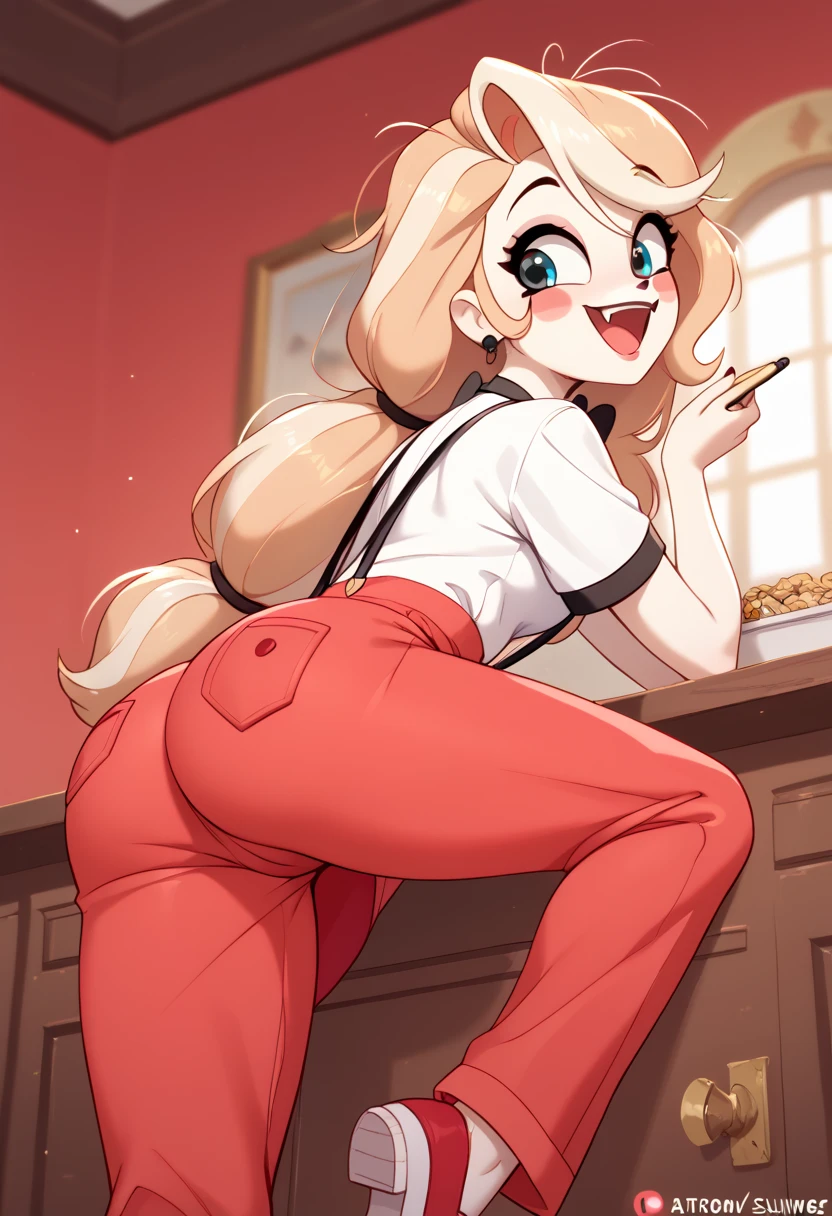 (masterpiece), best quality, high resolution, CharlieMorningstar, CharlieMorningstarXL, red pajamas, charlie, black bowtie, red jacket, red pants, white shirt, formal, red pajamas, black bow, casual, messy hair, white shirt, short sleeves, suspenders, red dress, fangs, ass, sexy, blush, happy, by Diives