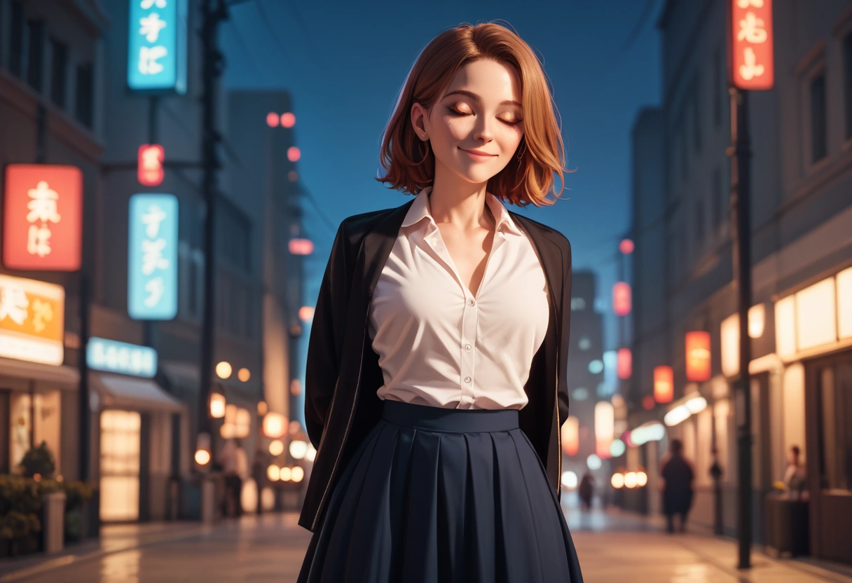 score 9, score 8_up, score 7_up, score real, beautiful face woman, Accurate limb expression、　Smiling gently、 closed eyes, ((dark medium straight hair)), amazing hourglass figure, (dark color jacket and long skirt),(white collared long sleeve shirt), ((untucked shirt:1.2)), perfect figure, city at night, (standing with　Arms folded behind back) ,Arms behind back, front view, score_9, score_8_up, score_7_up, source real, real skin, BREAK,, score_9, score_8_up, score_7_up, score_9, score_8_up, score_7_up, face,score_9, score_8_up, score_7_up,source_real,real skin, BREAK