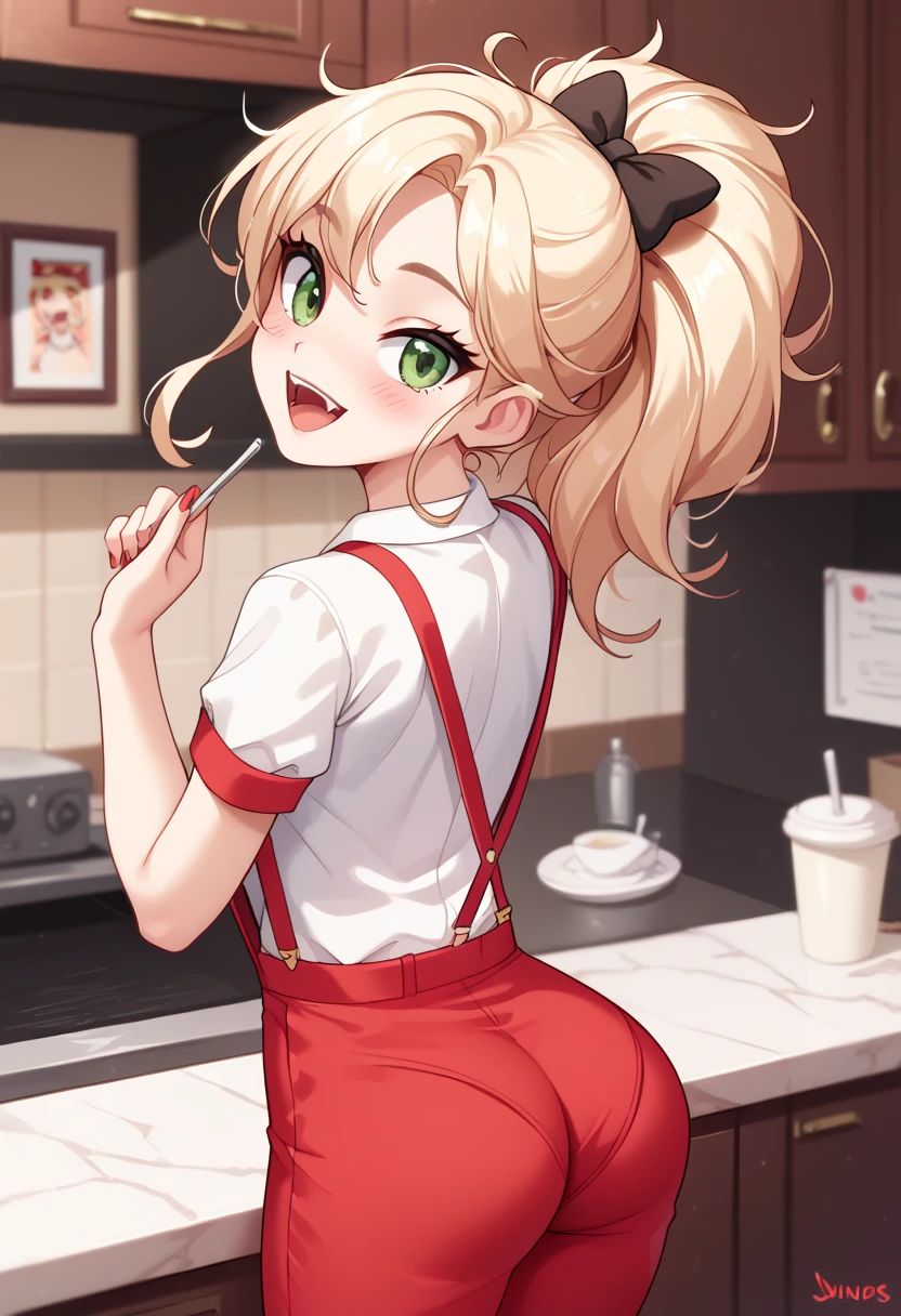 (masterpiece), best quality, high resolution, Charliza, 1girl, black_eyes, blush, fangs, white_hair, red pajamas, charlie, black bowtie, red jacket, red pants, white shirt, formal, red pajamas, black bow, casual, messy hair, white shirt, short sleeves, suspenders, red dress, ass, sexy, blush, happy, bend over, back view, by Diives