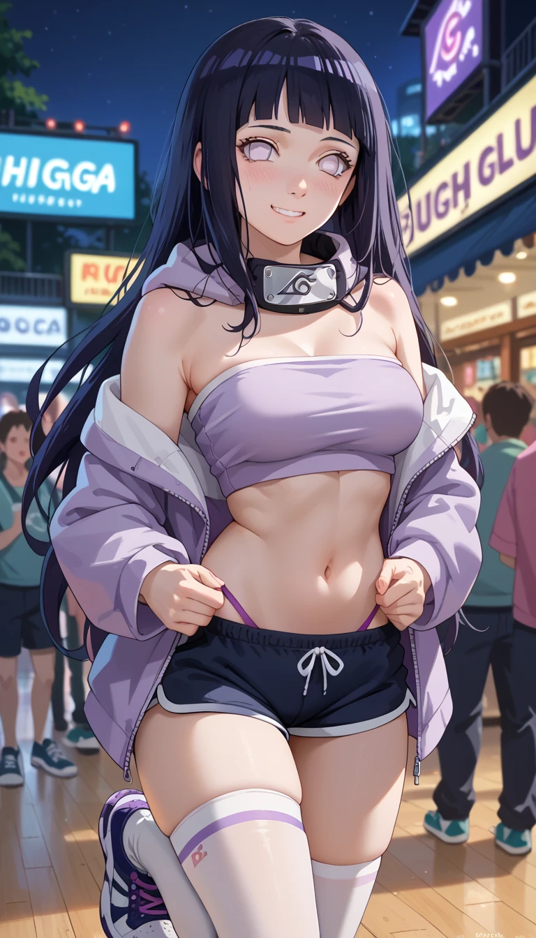 Tall girl, Fit girl,score_9, score_8_up, score_7_up, score_6_up, uncensored, 1girl solo, hinataSDXL, long hair,hyuuga hinata,  black hair, purple eyes, white eyes, guge breasts, Tube top, dolphin shorts, Hoodie, open Hoodie, white stockings, sneaker, Thigh thighs, thong line, night club backgrounds, blurry background, crowd, navel, smile, blush, embrassed, Sexually aroused, 