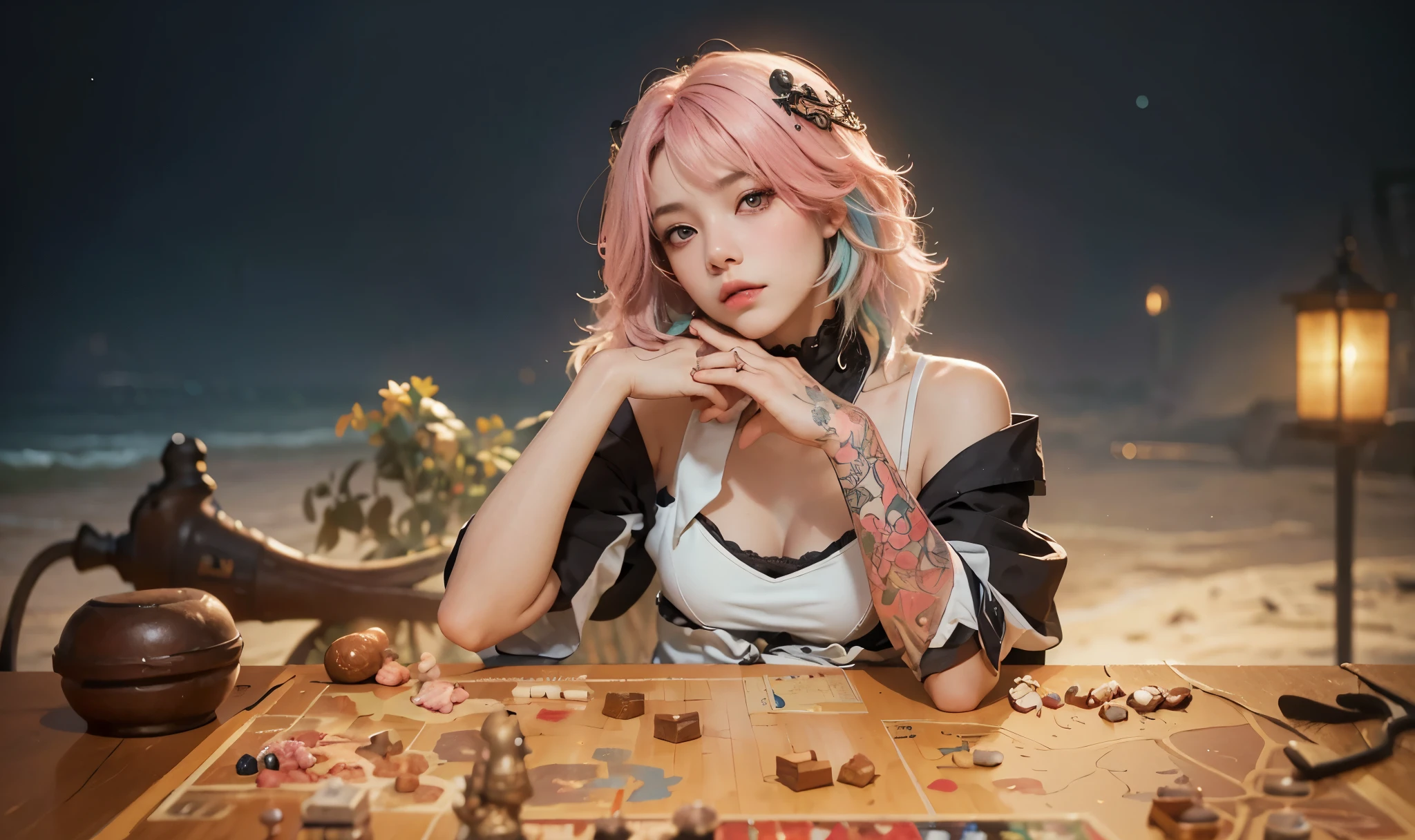 ((CHANGLI_WUTHERING WAVES)),((realistic, photorealistic)),(highlight hair)), Light reflection, (( HD )),((upper body)), (((best quality, masterpiece))), (masterpiece) (best quality) (detail) (8k) (HDR) (wallpaper) (cinematic lighting) (sharp focuasterpiece, best quality: 1.1), Real life adaption of this character, Asian beauty face, Shining Purple eyes, realistic outfit, realistic shadow, realistic light, realism, hyper realistic, realistic background,(photorealistic:1.2), masterpiece, best quality, 1girl,((masterpiece,best quality)), 1girl, changli-wuwa, pink hair, white hair, multicolored hair, hair ornament,yellow eyes,long hair, China GO game board, night with little stars, Cowboy Shot, Go game stones filled with white and black rounds,
