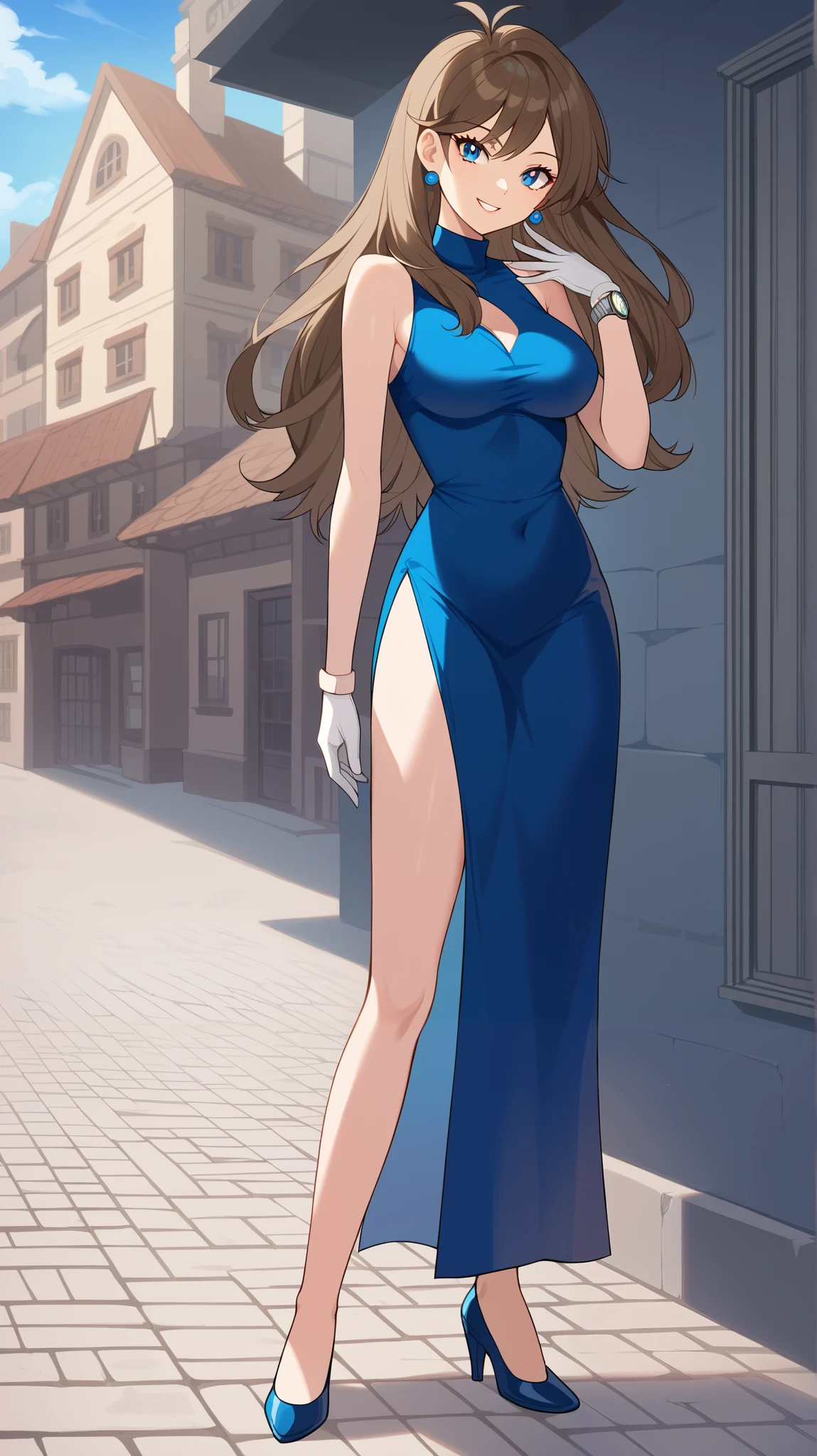  score_9,  score_8_Excellent,  score_7_Excellent,  score_6_Excellent,  best quality,  source_Anime,  cell shading ,  Flat Color , vector,  detailed background, town, building,  break 1 girl , Alone, (\ Pokémon\),  brown hair, Long Hair,  blue eyes, Ample breasts,  Watch Viewers, 1 Female, Age 18,  standing, whole body,  slim figure, Outdoor,  seductive smiles from all around,  provocative smile , blue long slit dress,  put one hand on the lower back ,  Tall,  high heels, bare hands, No gloves,
