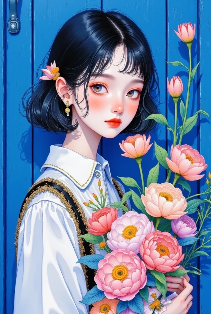 A woman holding a bouquet of flowers，Standing in front of a blue door, By Artie Guerin,  with Artest Guerin  (Artai Guéran) style, Artie Guerin 8K ,  inspired by Artie Guerin , by Zou Zhe, by Yanjun Cheng, guweiz masterpiece,  Old Weiz-style artwork, author：Li Song