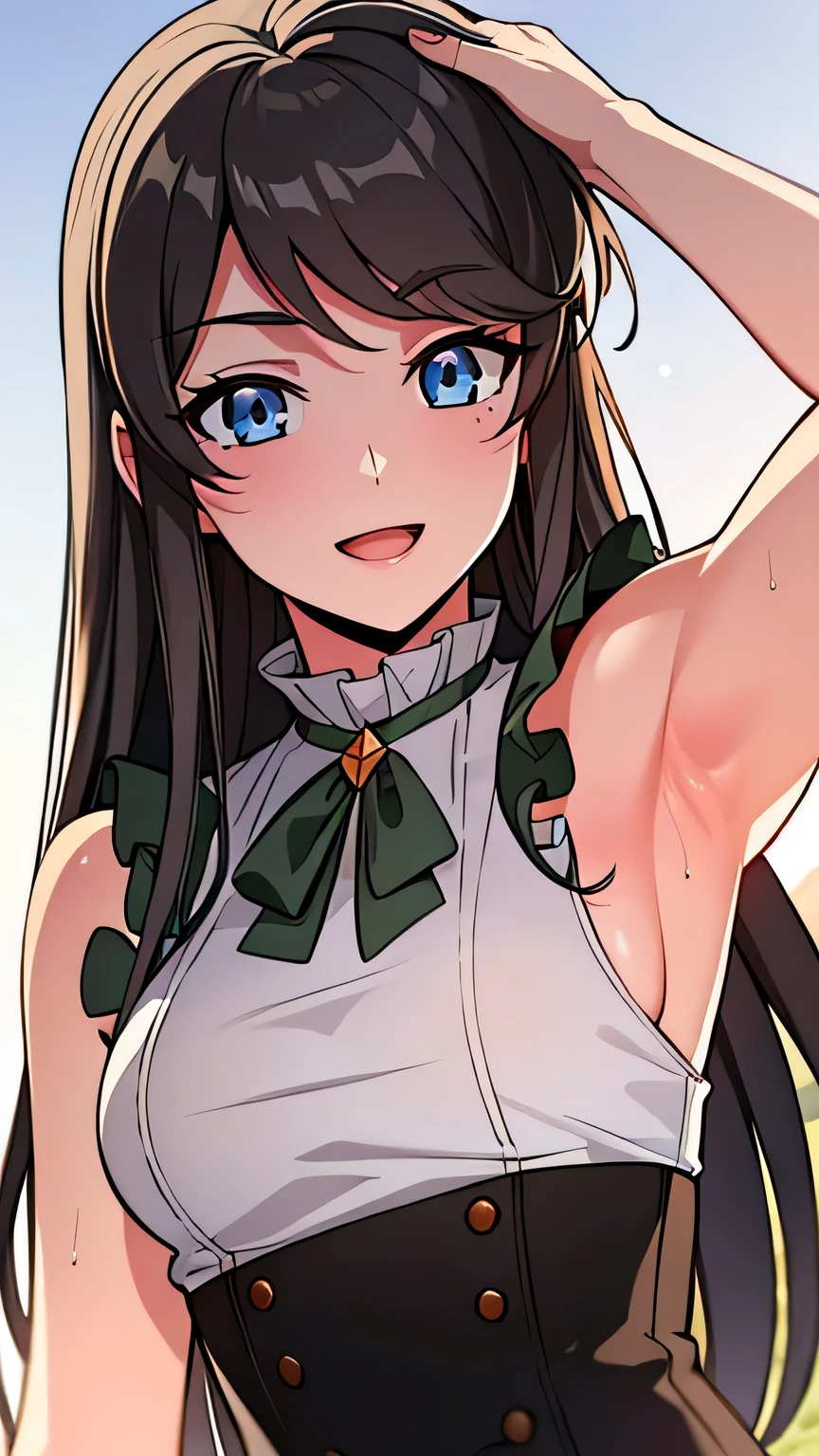 quality, masterpiece, highly detailed, 8k, masterpiece, tilly wimbledon, sleeveless, 1girl, smile, open mouth, blush, detailed face, detailed eyes, medium breast, blue eyes, top of mountain, night, moon, ((armpit)),  sweaty armpit