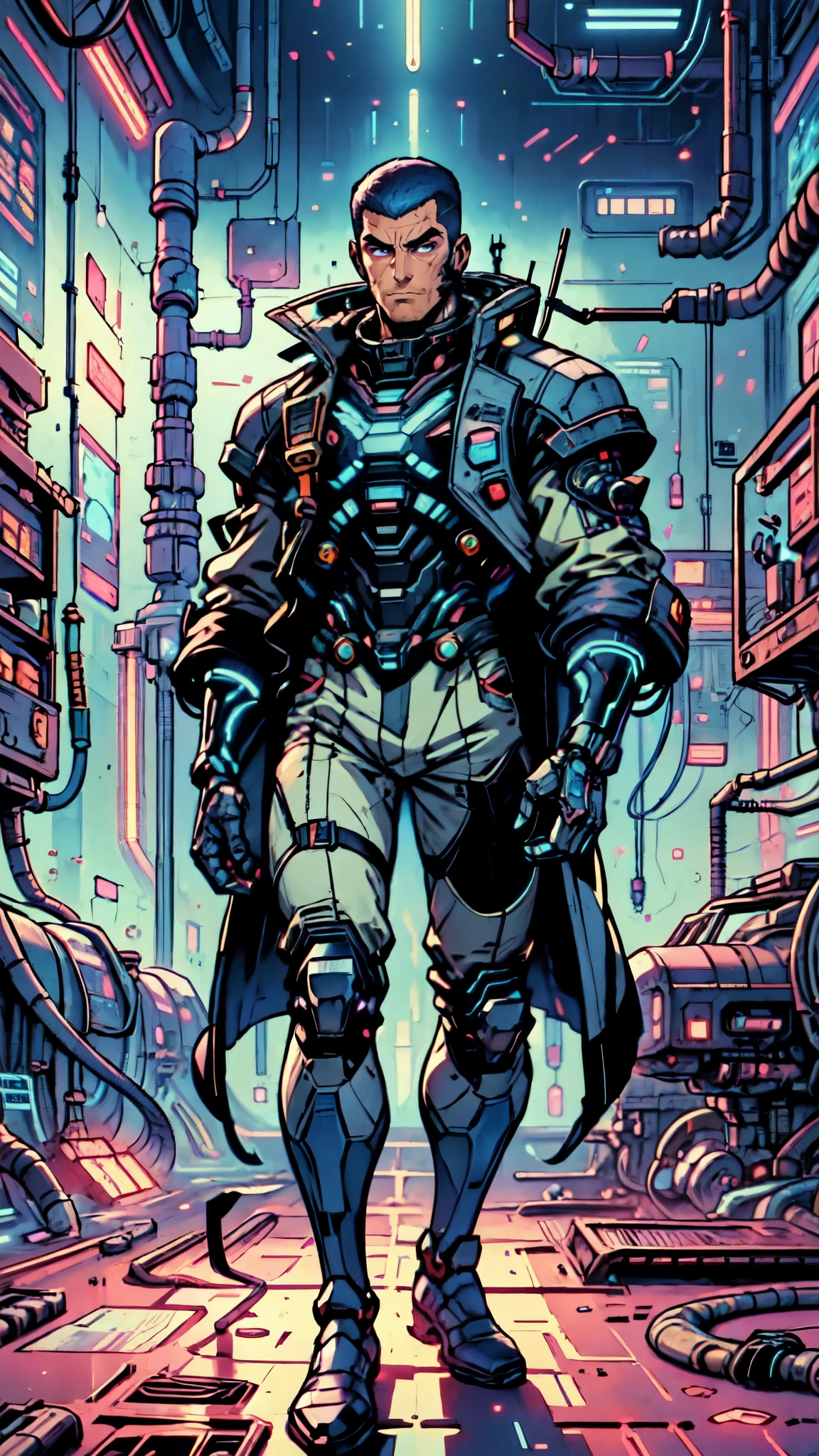 (masterpiece:1.2, best quality:1.2, extremely delicate:1.2), ((male:1.5)), a man with crew cut, calm and rational expression, thick eyebrows, wise gaze, mechanical tissue embedded in the face, cybernetic body, a futuristic sci-fi-style high-collar scientist coat, the color scheme is primarily white with blue and purple accents, matching utility pants, the background is a mysterious ancient civilization laboratory, many green glowing culture tanks in the background, this character embodies a finely crafted futuristic sci-fi-style scientist in anime style, exquisite and mature Manga art style, dramatic, high definition, highres, ultra-detailed, ultra-fine painting, professional, perfect body proportions, golden ratio, anatomically correct, symmetrical face, extremely detailed eyes and face, high quality eyes, creativity, RAW photo, UHD, 32k, Natural light, cinematic lighting, (masterpiece-anatomy-perfect:1.2)