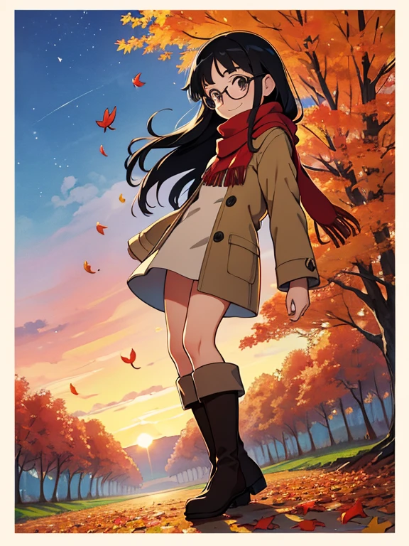 masterpiece， best quality， High image quality，(  super flat  ,    Flat Shading   )，Glasses，  beautiful black hair，  fisheye lens ， Beautiful young mother and lovely daughter，   warm scarf， (naked)，Long Hair，  boots, smile, smile，White Breath，fun, play，Autumn park garden，  falling leaves for vaginal discharge ，Autumn sky，dusk， beautiful sunset ，Wide angle，  bright color ，watercolor, Ghibli Style，Strong winds，  Girl Temptation，