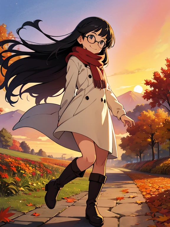 masterpiece， best quality， High image quality，(  super flat  ,    Flat Shading   )，Glasses，  beautiful black hair，  fisheye lens ， Beautiful young mother and lovely daughter，   warm scarf， (naked)，Long Hair，  boots, smile, smile，White Breath，fun, play，Autumn park garden，  falling leaves for vaginal discharge ，Autumn sky，dusk， beautiful sunset ，Wide angle，  bright color ，watercolor, Ghibli Style，Strong winds，  Girl Temptation，