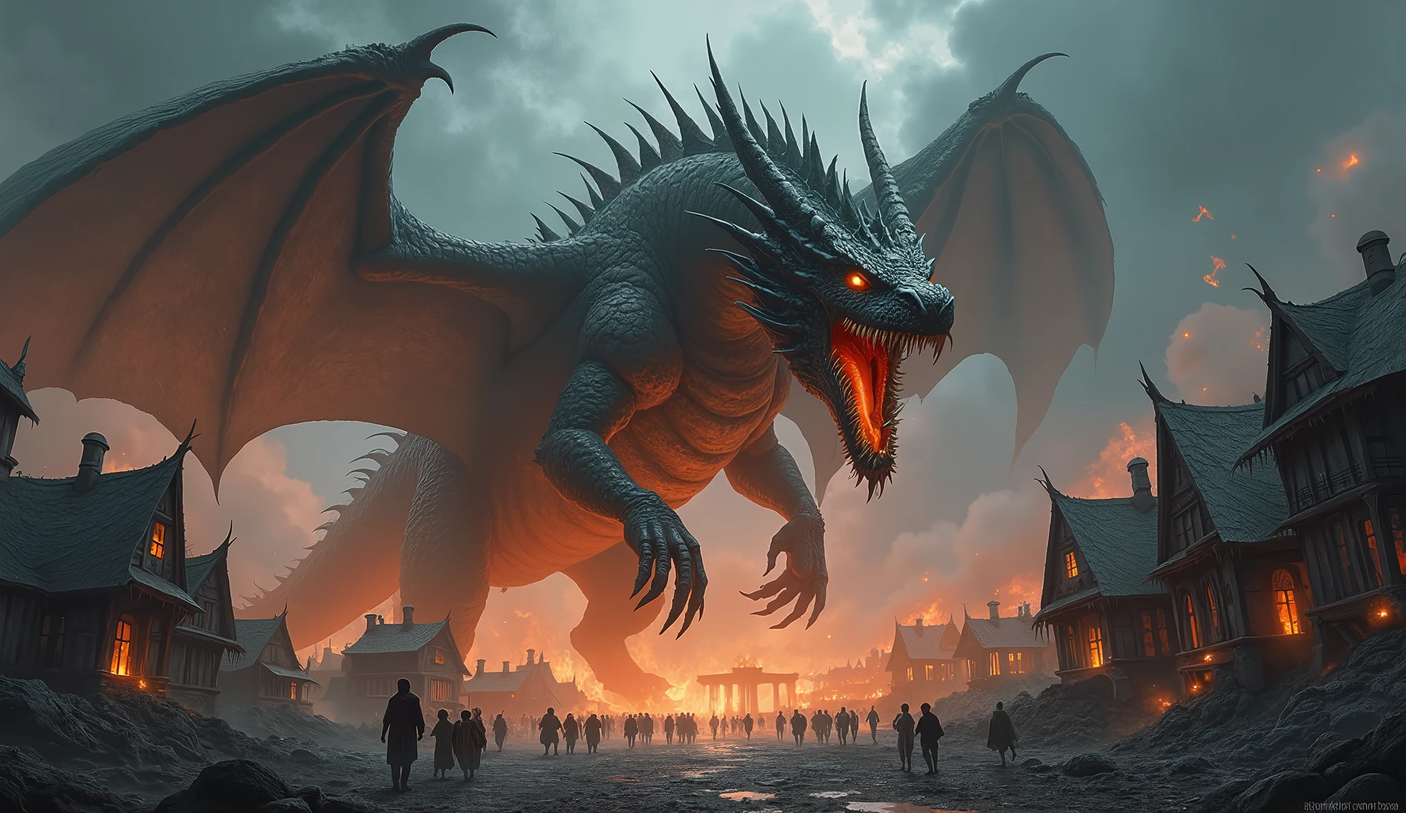 An enormous dragon, towering over a small village. The dragon is ancient, with moss and vines growing all over its cracked surface, and it appears to be slowly awakening. Villagers gather in awe and fear, holding torches and farming tools as they watch the colossus move. The scene is both majestic and terrifying, with dark clouds gathering in the sky. illustration, fantasy, epic scale, dark atmosphere, detailed, dramatic lighting, dark, night, glowing flame from torches, ArsGreenMistWorld, misty,