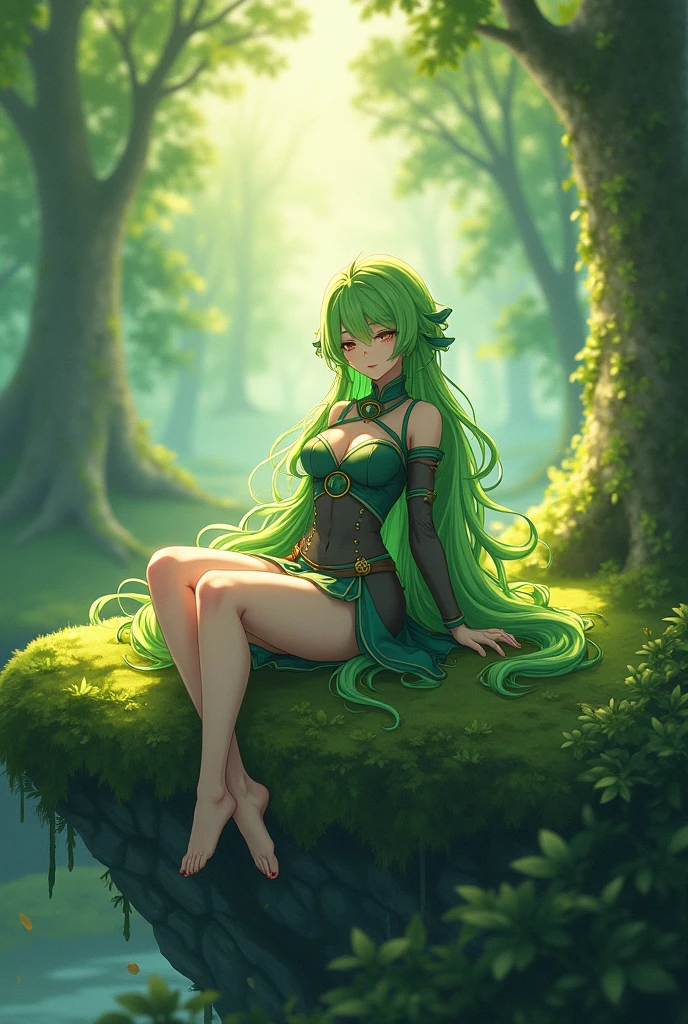 There is no lighting from above, flowers in the hair, long hair, 1 girl, flat, naked, wet pussy, green hair, chibi, squatting, tail, dragon horns, pussy is visible, night, stars, rain, enchanted forest, glowing green, mystical fog, ancient ruins, dragon, flower decoration, glowing plants, glowing plants lighting, dark sky, dragon wings, lake, blue eyes, glowing trees, magic forest, no bright light, only light from glowing plants, magic spell in hand