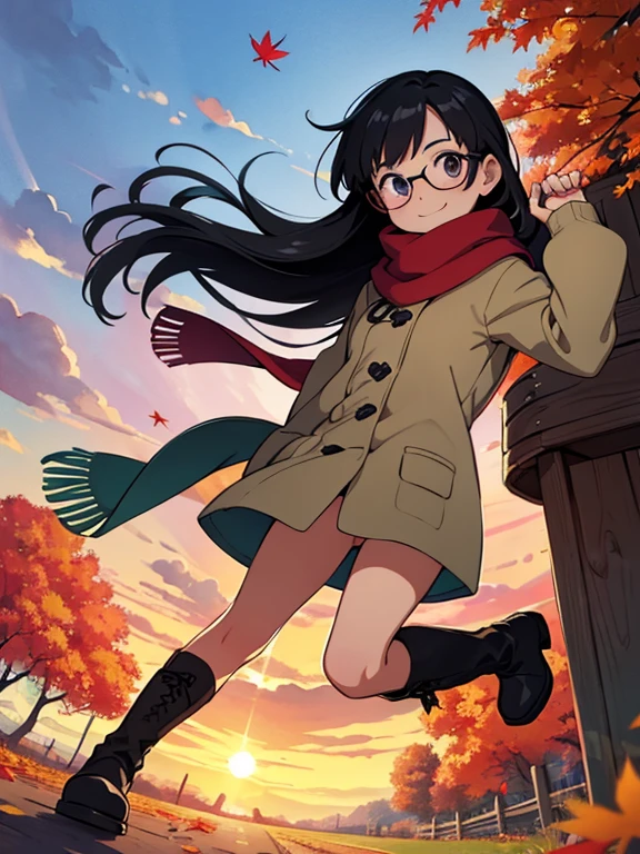 masterpiece， best quality， High image quality，(  super flat  ,    Flat Shading   )，Glasses，  beautiful black hair，  fisheye lens ， Beautiful young mother and lovely daughter，   warm scarf， (naked)，Long Hair，  boots, smile, smile，White Breath，fun, play，Autumn park garden，  falling leaves for vaginal discharge ，Autumn sky，dusk， beautiful sunset ，Wide angle，  bright color ，watercolor, Ghibli Style，Strong winds，  Girl Temptation，