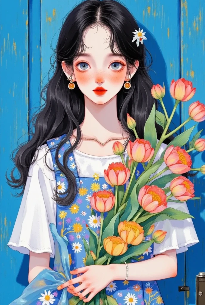 A woman holding a bouquet of flowers，Standing in front of a blue door, By Artie Guerin,  with Artest Guerin  (Artai Guéran) style, Artie Guerin 8K ,  inspired by Artie Guerin , by Zou Zhe, by Yanjun Cheng, guweiz masterpiece,  Old Weiz-style artwork, author：Li Song