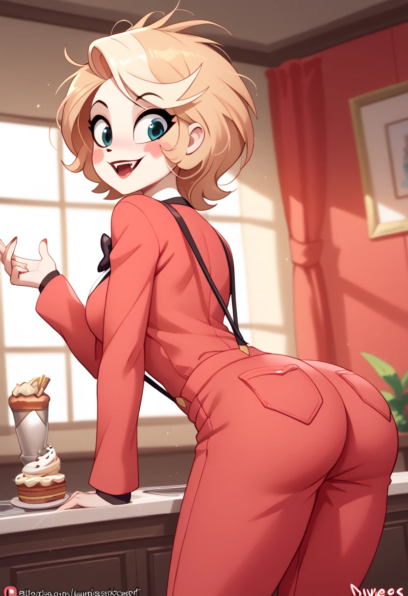 (masterpiece), best quality, high resolution, CharlieMorningstar, CharlieMorningstarXL, formal, red pajamas, charlie, black bowtie, red jacket, red pants, white shirt, formal, red pajamas, black bow, casual, messy hair, white shirt, short sleeves, suspenders, red dress, fangs, ass, sexy, blush, by Diives