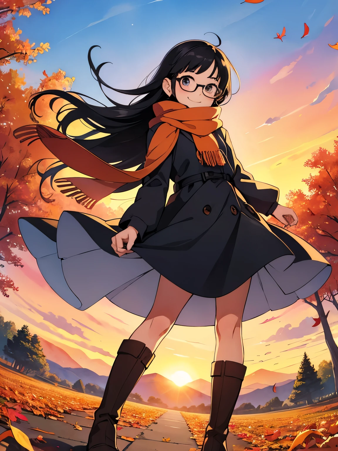 masterpiece， best quality， High image quality，(  super flat  ,    Flat Shading   )，Glasses，  beautiful black hair，  fisheye lens ， Beautiful young mother and lovely daughter，   warm scarf， (naked)，Long Hair，  boots, smile, smile，White Breath，fun, play，Autumn park garden，  falling leaves for vaginal discharge ，Autumn sky，dusk， beautiful sunset ，Wide angle，  bright color ，watercolor, Ghibli Style，Strong winds，  Girl Temptation，