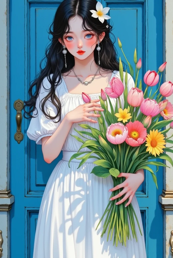 A woman holding a bouquet of flowers，Standing in front of a blue door, By Artie Guerin,  with Artest Guerin  (Artai Guéran) style, Artie Guerin 8K ,  inspired by Artie Guerin , by Zou Zhe, by Yanjun Cheng, guweiz masterpiece,  Old Weiz-style artwork, author：Li Song