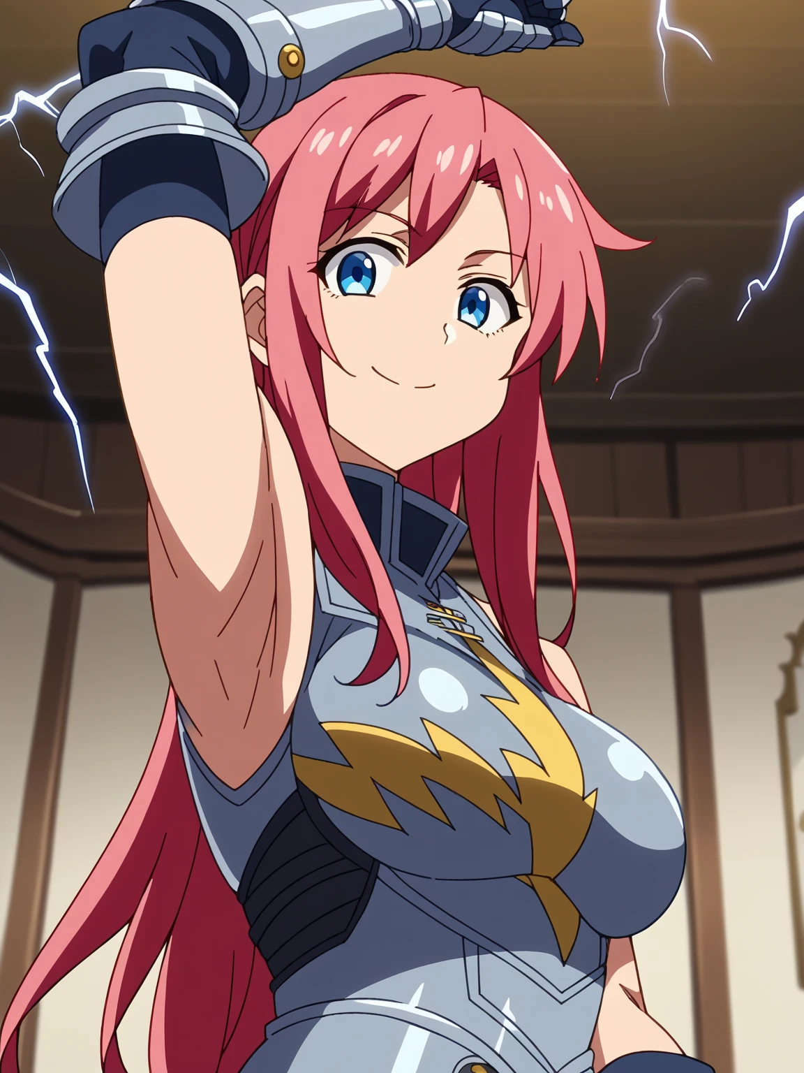 score_9, score_8_up, score_7_up, source_anime, anime screencap, 1girl, solo, Lightning, blue_eyes, pink_hair, long_hair, large_breasts, armor, breastplate, gauntlets, armored_dress, sleeveless, arm up, raised arm, armpit, armpit focus, looking at viewer, smile, closed mouth, indoors, from side, from below, badhandv4