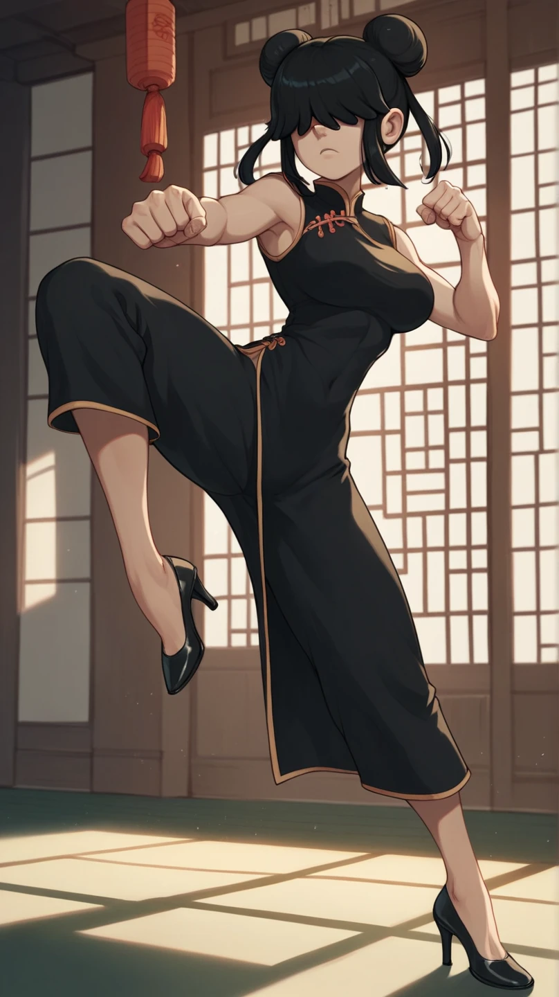 Lucy Loud, 1girl, solo, 24yo girl, large breasts, hair over eyes, black cheongsam, inside of a chinese temple, looking at viewer, black hair, two hair buns, hands score_9, score_8_up, score_7_up,high heels, teep fighting stance,martial arts