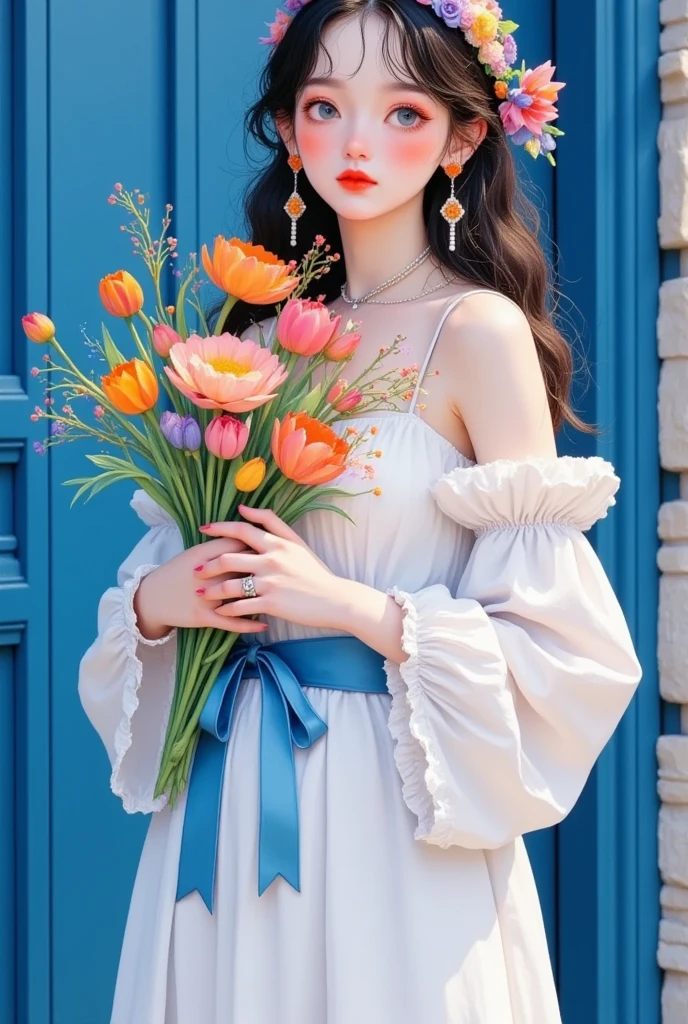 A woman holding a bouquet of flowers，Standing in front of a blue door, By Artie Guerin,  with Artest Guerin  (Artai Guéran) style, Artie Guerin 8K ,  inspired by Artie Guerin , by Zou Zhe, by Yanjun Cheng, guweiz masterpiece,  Old Weiz-style artwork, author：Li Song