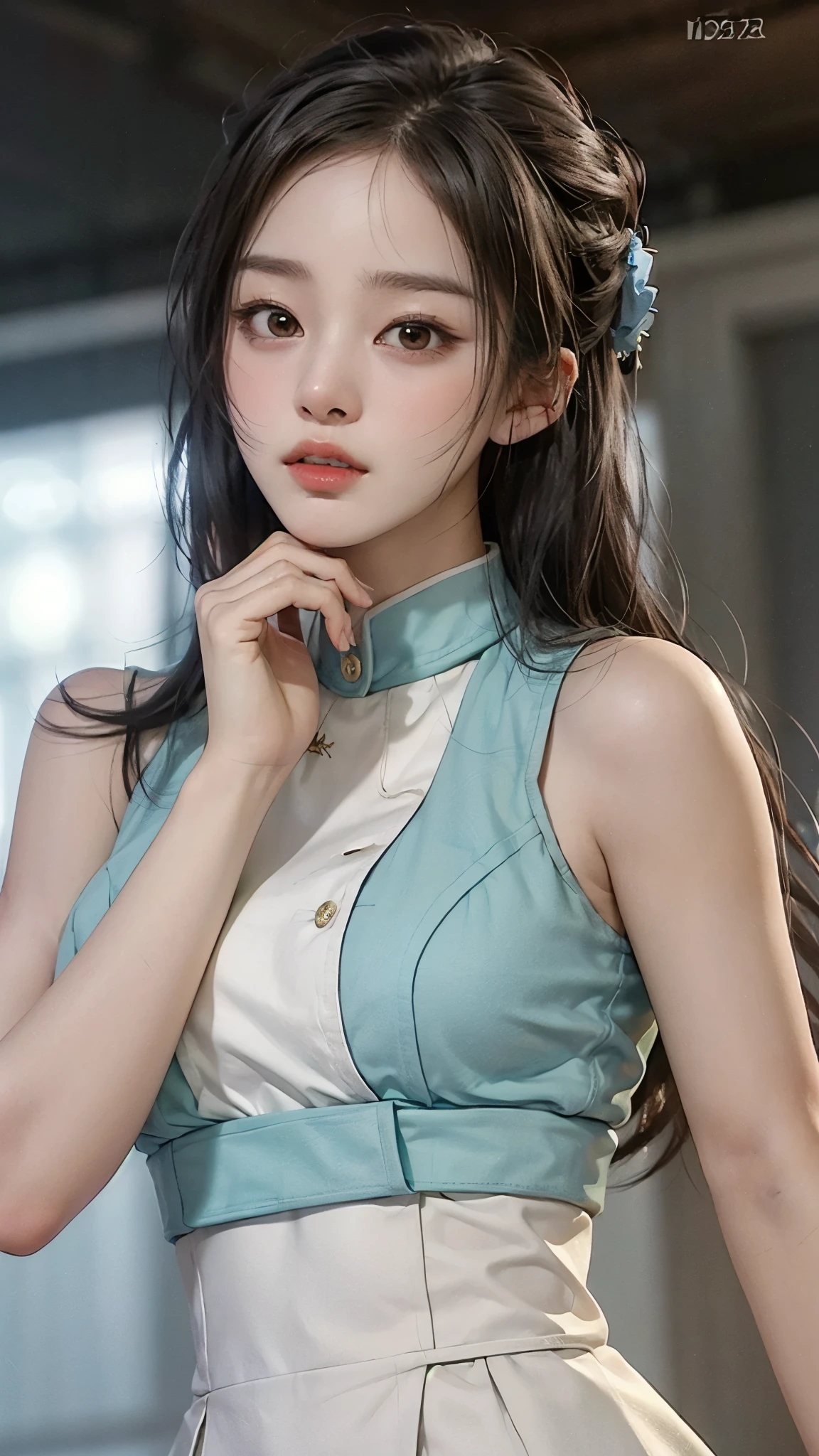 (masterpiece), (Top), ( High Quality Details ), (illustration), ( City Hall 1 Female  ),  above the bet , (Interview),  beautiful ,  detailed eyes, 섬세하고  beautiful  얼굴, Floating , (High saturation), (shining),  blue sky, 밝고  beautiful  얼굴,  Her skin is young, radiant, , Fair and shining, Top appearance, 매우  beautiful ,  Her big eyes are shining in a clear blue sky and staring at the audience, 아름답고 놀랍도록  beautiful  소녀가 관람객을 응시하고 있습니다,