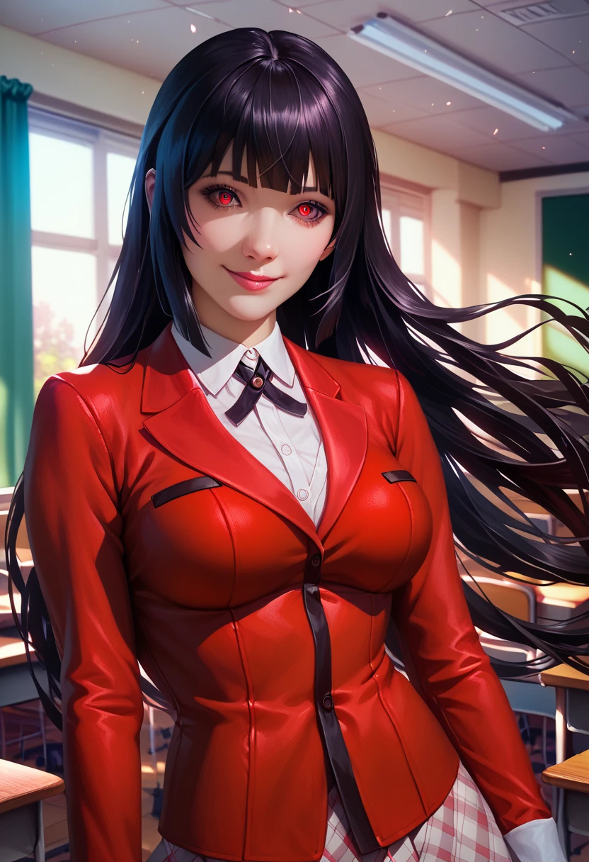  Masterpiece,  best quality ,  lots of details ,  Max Resolution,  Realistic Texture ,  anime style , Thick line, background, classroom, From the kekogu series , Jabami Yumeko, Long hair, Black hair, Bangs, Red eyes, Dark eyes,  medium breasts,  lovely smile ,  Red Long Sleeve Outerwear