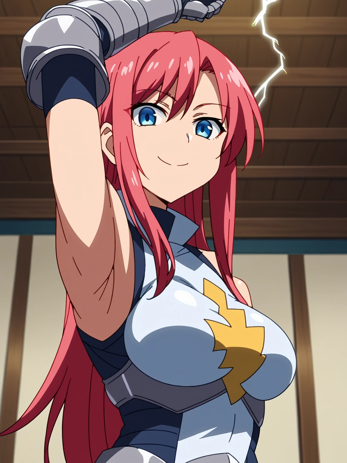 score_9, score_8_up, score_7_up, source_anime, anime screencap, 1girl, solo, Lightning, blue_eyes, pink_hair, long_hair, large_breasts, armor, breastplate, gauntlets, armored_dress, sleeveless, arm up, raised arm, armpit, armpit focus, looking at viewer, smile, closed mouth, indoors, from side, from below, badhandv4