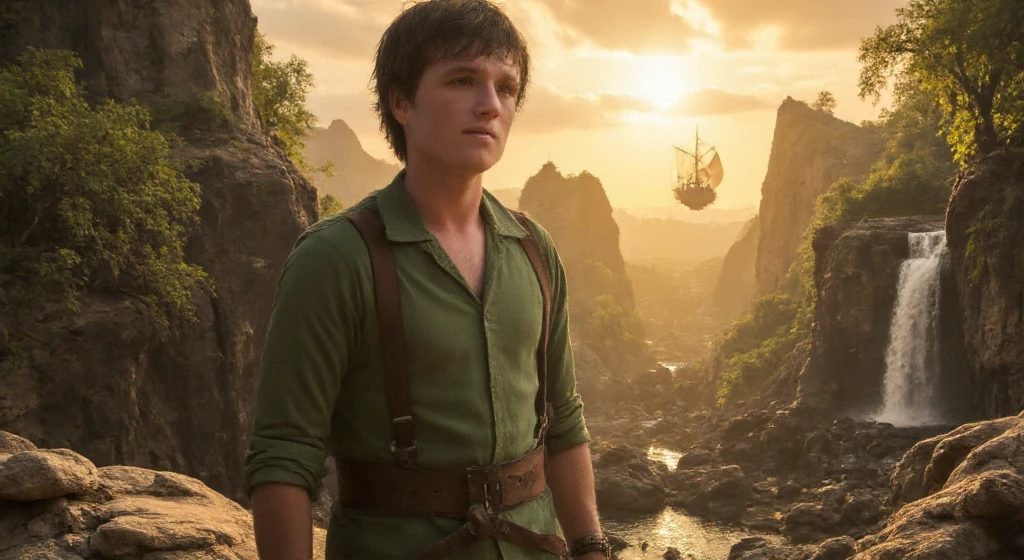 Josh Hutcherson as Peter Pan, standing confidently on a rocky cliff overlooking Neverland. He has tousled brown hair, light skin, and wears a forest-green tunic with a leather belt and boots. The background shows lush forests, sparkling waterfalls, and a golden sunset sky with faint flying ships. Warm, dramatic lighting highlights his adventurous expression and enhances the magical atmosphere. Photorealistic, cinematic depth, captured with a Sony Alpha 7R IV, vibrant colors, and a fairytale charm.