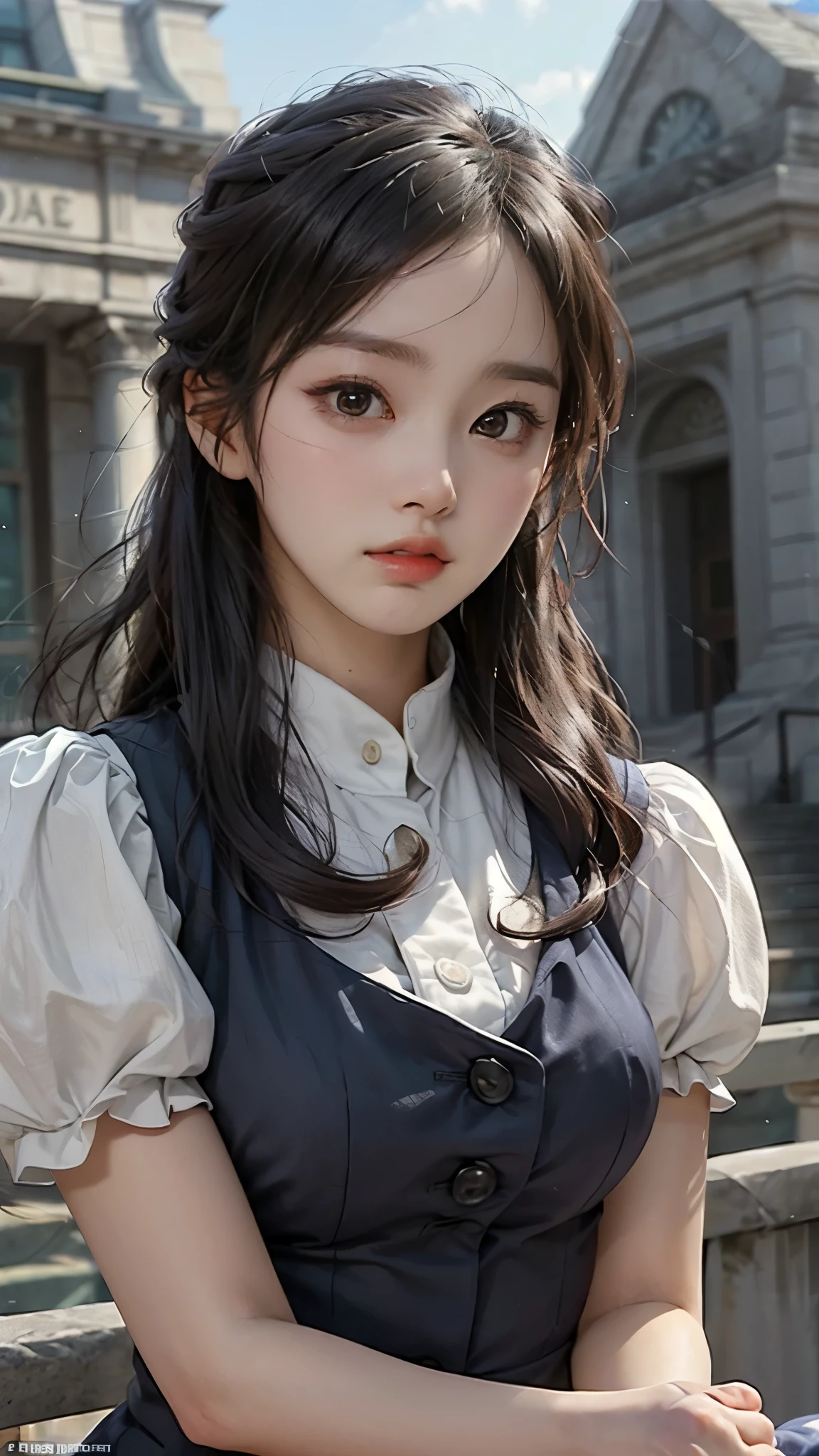 (masterpiece), (Top), ( High Quality Details ), (illustration), ( City Hall 1 Female  ),  above the bet , (Interview),  beautiful ,  detailed eyes, 섬세하고  beautiful  얼굴, Floating , (High saturation), (shining),  blue sky, 밝고  beautiful  얼굴,  Her skin is young, radiant, , Fair and shining, Top appearance, 매우  beautiful ,  Her big eyes are shining in a clear blue sky and staring at the audience, 아름답고 놀랍도록  beautiful  소녀가 관람객을 응시하고 있습니다,