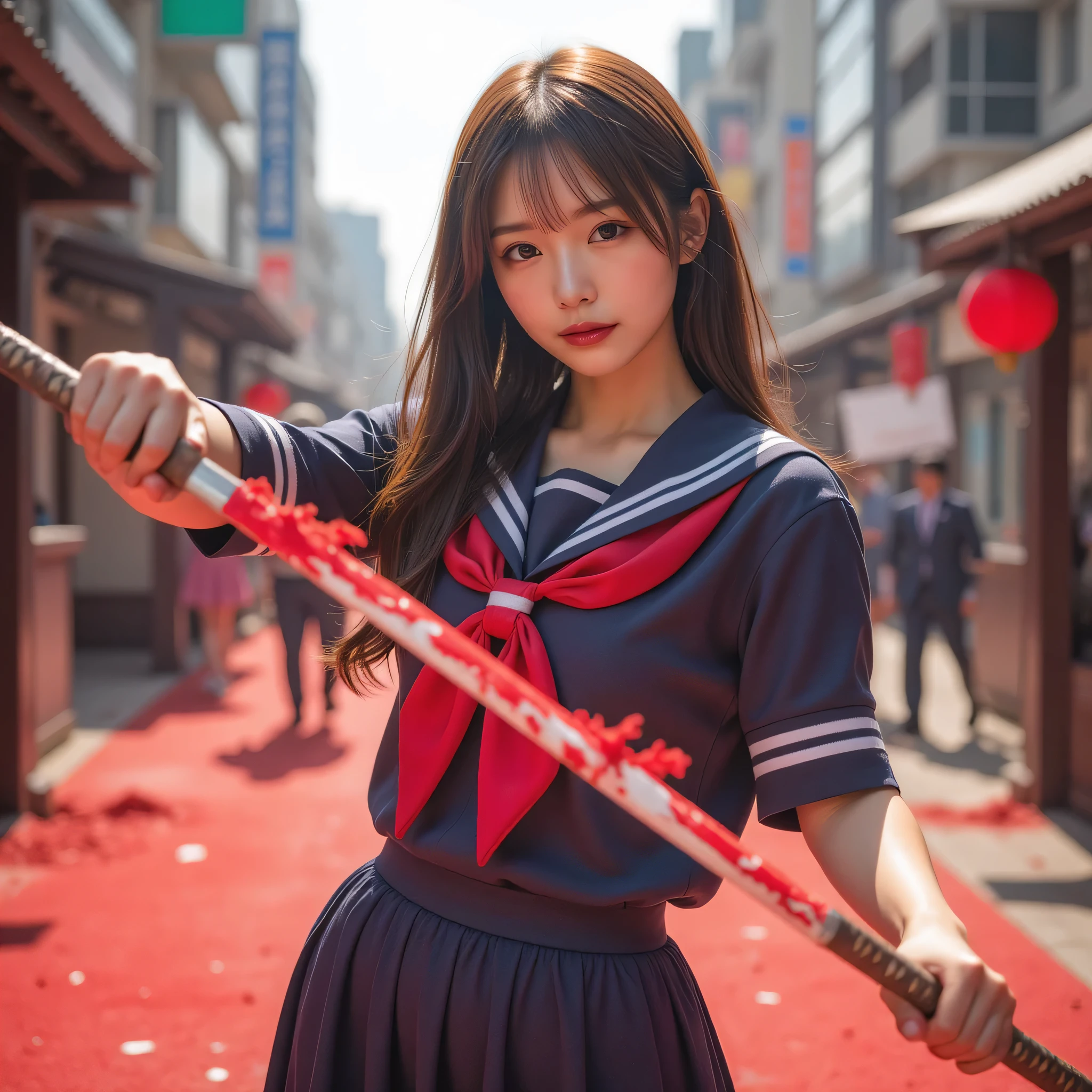 A beautiful Japanese woman waves a Japanese sword, dynamic pose, Red paint scatters all over the screen , Female Soldier, Japan's perfect high school sailor uniform, perfect anatomy:1.21, has a small head:1.331, Slender body:1.331, thin waist:1.331, ruined city, Tokyo turned into a battlefield , Expression of absolute beauty , Perfect composition, Proper placement, Golden Ratio,