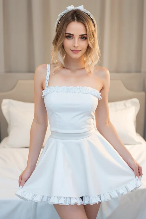 a gorgeous trans woman, age 18 athletic body type, seducing gaze, blue eyes, goth makeup,  wearing a frilly white ****ta dress, sissy, high petticoat skirt, bow in her hair, bow in her hair, white stockings, dressed in a sexy white maid outfit Caucasian skin, long straight platinum light blonde hair ((shoulder length)), hair stylized wavy fresh out of the salon, slight bulge, class room background, legs spread open, missionary position, on the bed, flat chest, perky small breasts, standing hands on her waist, perfect eyes, perfect hands, perfect body, perfect hair, perfect breasts, UHD, retina, masterpiece, accurate, anatomically correct, textured skin, super detail, high details, high quality, award winning, best quality, highres, 16k, 8k, (full bodyshot:1.1), (full length photo:1.15),
