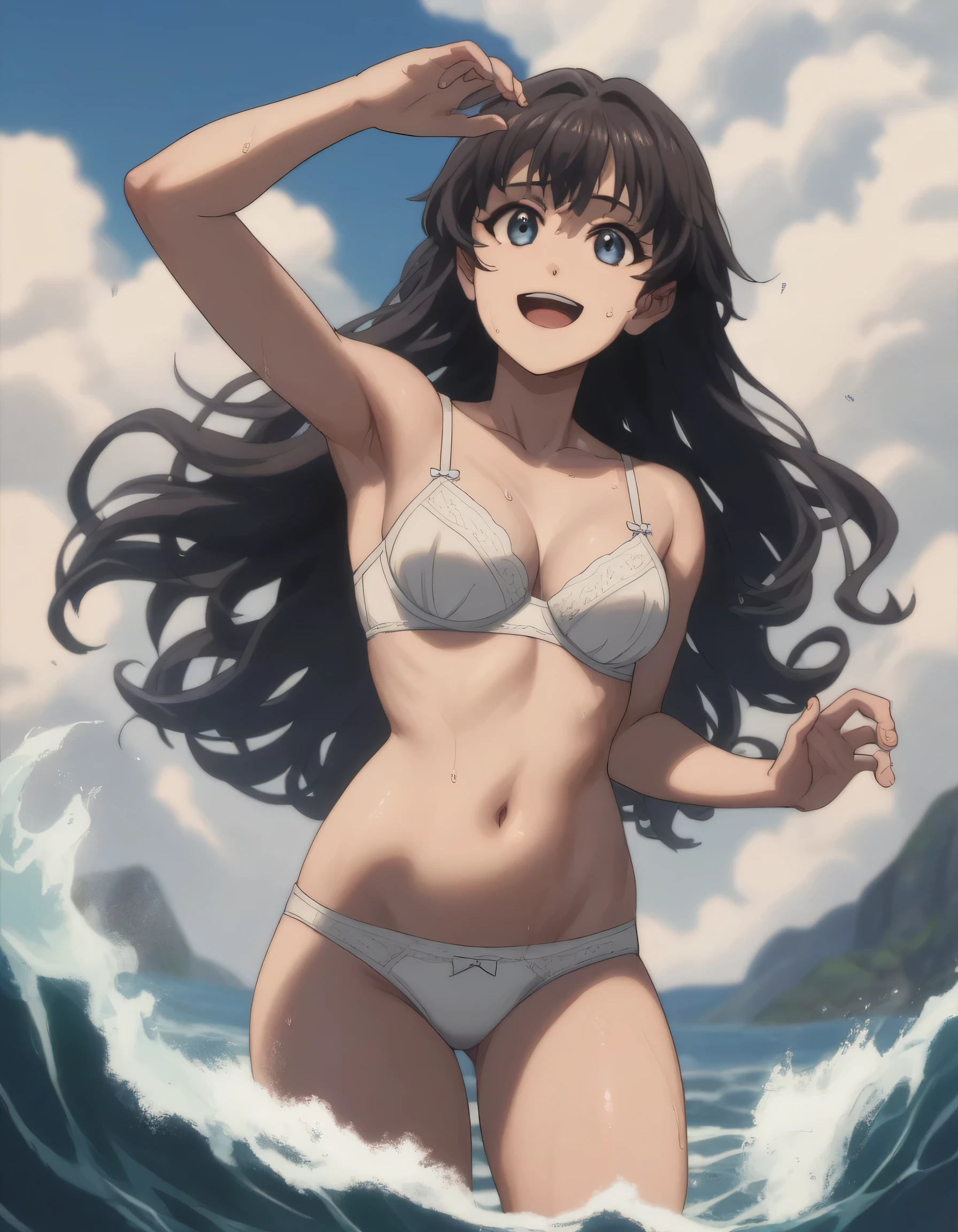 score_9, score_8_up, score_7_up, gsfghtr, ((long straight hair)), white blue plain bra, white blue plain panties, 1girl, smile, open mouth, wave hand, hills, sweaty, blue sky, bright, midday afternoon, from bottom