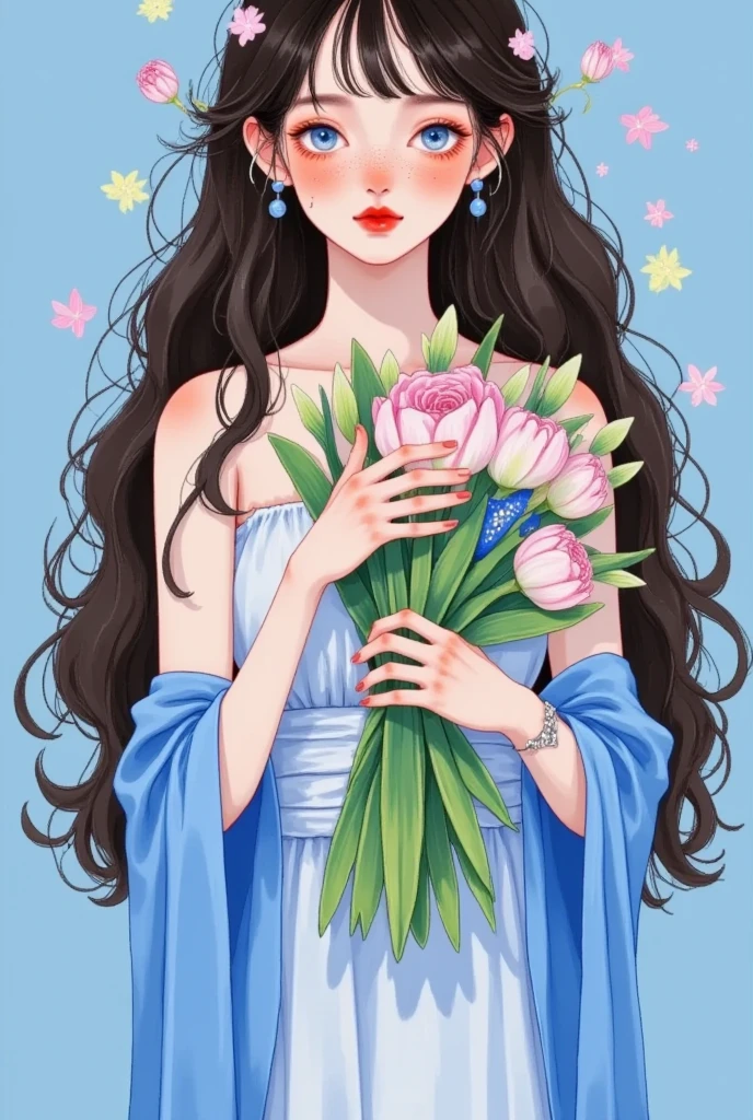 A painting， An elegant woman in the painting holds a large bouquet of flowers in her hand,  Long wavy curly hair ， beautiful faces in advance， Shi Jiangang （ Takase Kanaoka ） minimalism , Popular trends on pixabay, Cloisonnism,Holding flowers,  with blue background , Send flowers ,  Flowers are growing out of her body , Wearing a blue robe， strapless