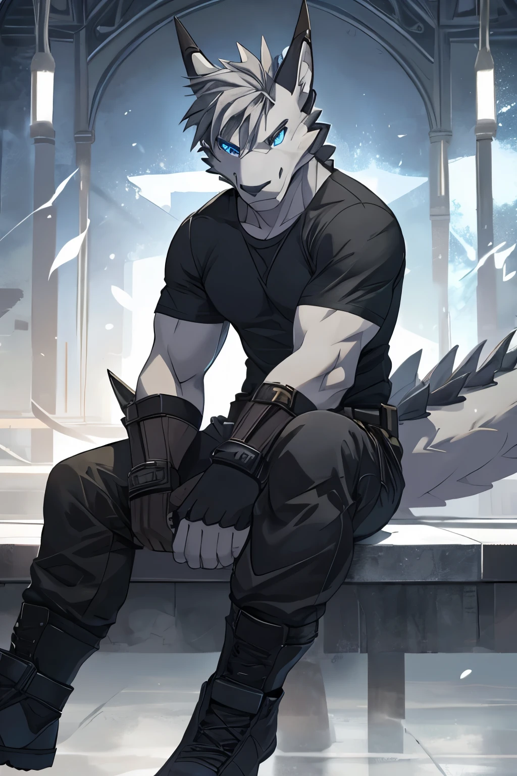 The only person,hairy,human creature,Male white wolf,Blue fur,Blue Tail,White ears,Violet eyes,black collar,Muscle tissue,male,Handsome,(Animal ears hairy feeling),Wearing chains,In the dungeon,dark,dark环境,Serious expression,frown,Kneeling,Angry expression,