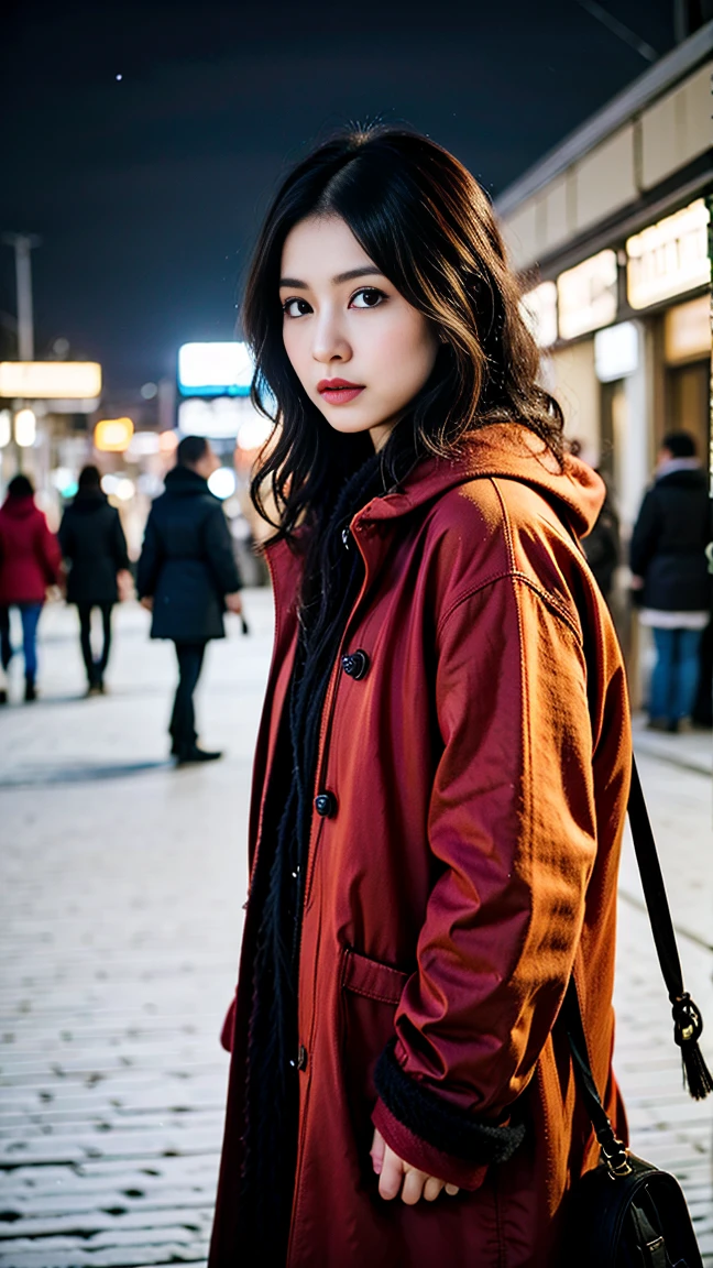 1 female、Early 20s、(A beautiful woman with a strong will)、(super beautiful face)、(detailed face)、wearing makeup、wavy black hair、snowy night、red duffel coat, Standing on the platform of a metropolitan station、The background is a stopped train、shallow depth of field