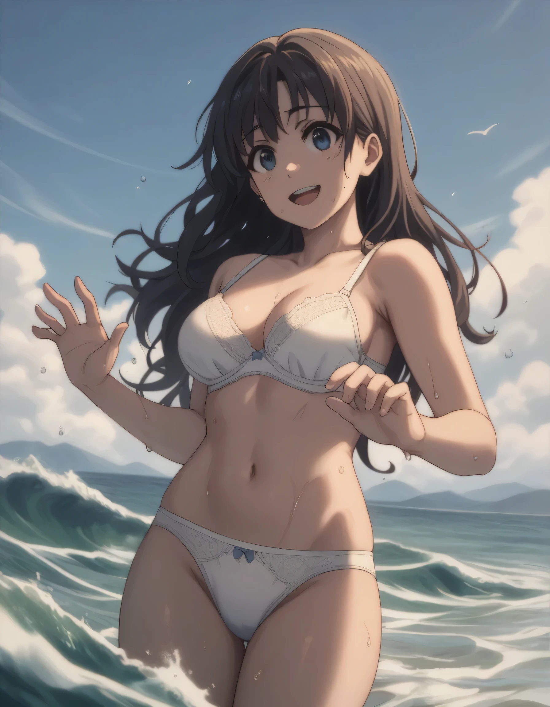 score_9, score_8_up, score_7_up, gsfghtr, ((long straight hair)), white blue plain bra, white blue plain panties, 1girl, smile, open mouth, wave hand, hills, sweaty, blue sky, bright, midday afternoon, from bottom