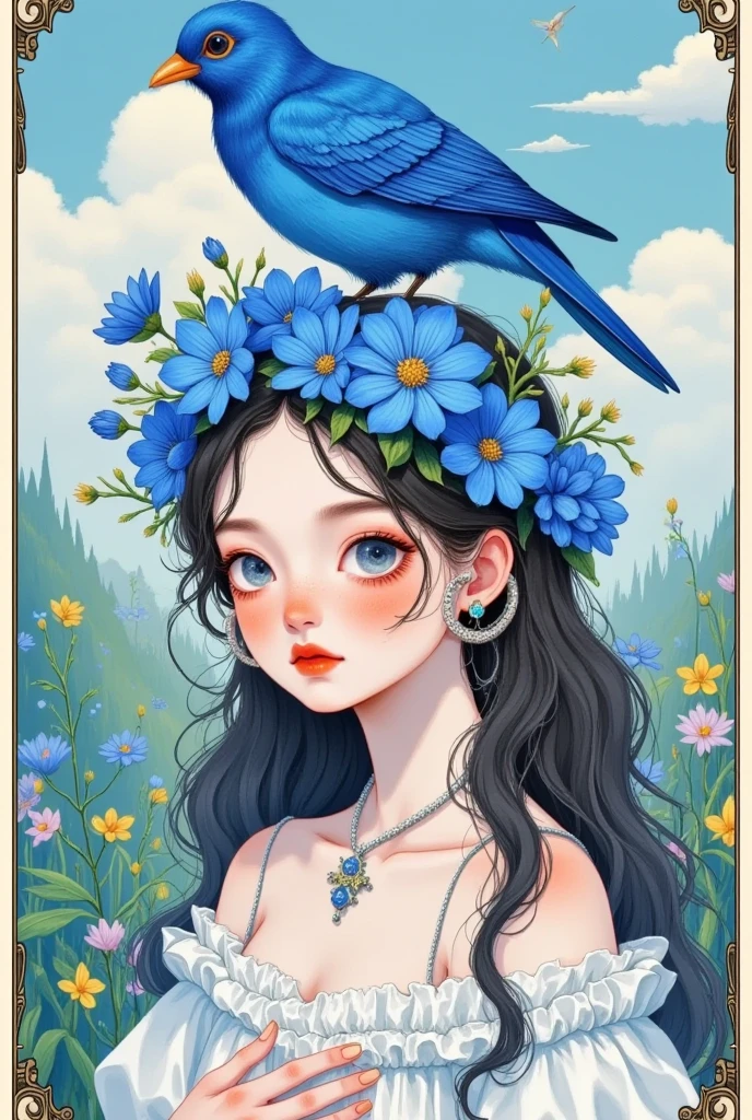 There is a bird on the girl&#39;S head in the painting  ，There is a blue bird on the head,  digital art inspired by Hsiao Rongcheng ,  winner of the Béchamps contest ,  pop surrealism, There&#39; with a bird on her head ,  a beautiful art illustration , Fantasy illustrations, Shin Jin Hye Art,  Beautiful digital illustrations ,  Beautiful digital illustrations , Sachinteng,  crown with blue flowers ,  Lovely illustrations 