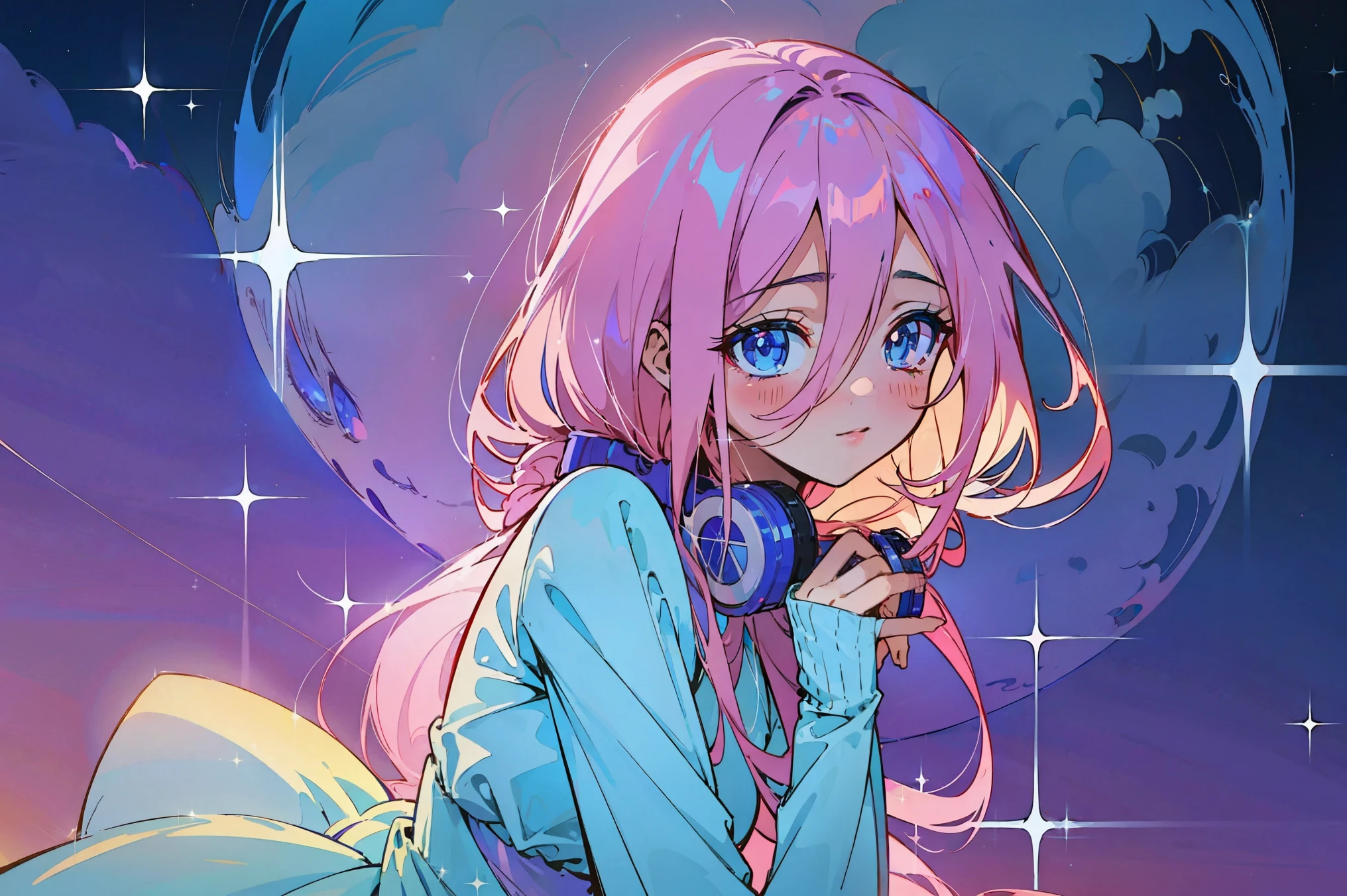 official art, unified 8k wallpaper, Super detailed, beautiful and Aesthetic, high quality, beautiful, masterpiece, best quality, (tangled, mandala, tangled, twist: 0.6), 1 female,  Miku nakano, blue eyes,  fluffy brown red hair, nakano_miku, sparkling eyes, perfect face, soft smile, sweet face, lovely, gradient lilac and indigo and cream iridescent ballgown, flowing glowing hair, glowing flowing hair, soft vivid colours, lovely, splendid, delicacy, 4k, watercolor illustration, disney art style, dreamy nebula, fairy core, pearly dim light, soft pastel colours, diffused dreamy light, pearly nebula, Heart, iridescent, crystal,  blue sky, iridescent clouds, pastels, dark starry sky,   otherworldly purples yellows and pink pastel cream landscape background, 

glowing aura around her, fantasia otherworldly landscape, beautiful, masterpiece, best quality, 
octans, sky, star (sky), scenery, light blue sky, 1girl, solo, outdoors, cloud, milky way, sitting, pale moon, magical photography, ultra-detailed, 4k, Depth of field, High-resolution, outdoors, night, starry sky, starts made of iridescent tears, pastel aesthetic colors, sfw, masterpiece, 4k, ultradetailed, cowboy shot, sparkling eyes,  smile, happy, cute, looking at the sky, dim light, ​masterpiece、top-quality、Beautifully Aesthetic:1.2)、(a beauty girl:1.3)、vivid colours、colourfull、Large ribbon、Wallpapers, night, dark, Soft Light, Deep Focus Bokeh, fantasy, galaxy, sparkling, splendid, colorful, magical photography, dramatic lighting, intricate details, (1 girl, solo, alone) crystal, fantasy, shimmering, sparkling, colorful, bright colours. fix her hands