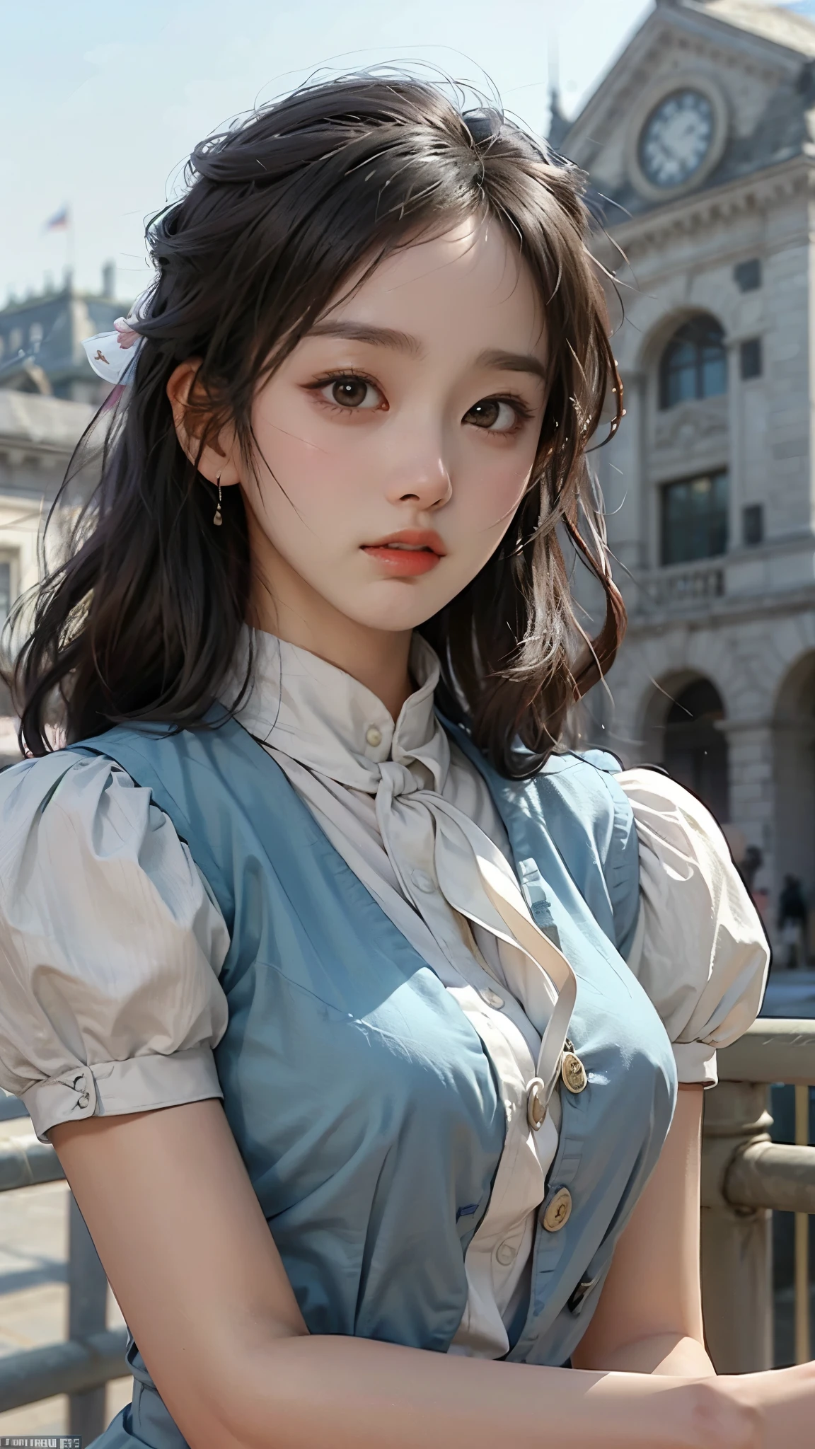 (masterpiece), (Top), ( High Quality Details ), (illustration), ( City Hall 1 Female  ),  above the bet , (Interview),  beautiful ,  detailed eyes, 섬세하고  beautiful  얼굴, Floating , (High saturation), (shining),  blue sky, 밝고  beautiful  얼굴,  Her skin is young, radiant, , Fair and shining, Top appearance, 매우  beautiful ,  Her big eyes are shining in a clear blue sky and staring at the audience, 아름답고 놀랍도록  beautiful  소녀가 관람객을 응시하고 있습니다,