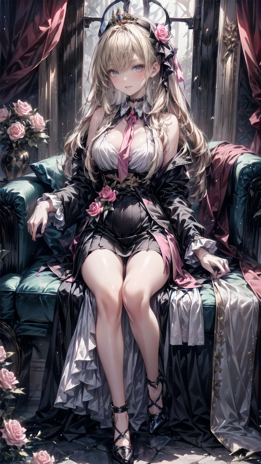 , full body view,Head to toe composition, (8k, best quality, masterpiece: 1.2), Ultra High Definition ,, Marie Antoinette , super detailed face ,fine grain, Open a little ,(Blonde),Long Hair, wavy hair in front of the station , break,Rococo Ruffle Dress,Long sleeve dress, the dress has a long skirt , Baroque Dress , intricate fantasy dress , Luxurious and glamorous dress , romantic dress, Ruffled Costume ,lottery, Data Style, Formal Wear, Fancy Fashion, palate colors include pink and white,(pink:1.5),Class A Smile,Gold Tiara, Necklaces ,Sit in a fancy chair, you have to tie your hands behind your back ,( rainbow light :1.4),, Profile of a person gazing out a window , Rosebush is reflected in the window ,(Inside Victoria Palace)、Her eyes are shining、Now her blonde hair reaches down to her waist、Rose-colored gradation and three, Pale pink rock. She wore a gold tiara with floral embellishment.、 Matching earrings , white flower choker. She's wearing a white striped pink top with ruffles fringed with gold buttons, The white sleeves are in the shape of a bud .. dark pink ribbon passing through her chest ..、 At the back of her neck 、Matching chest piece, Decorated with flowers. her ruffled skirt is separated by a white line , Fastened with a large magenta ribbon、Decorated with gold, There is a small ribbon on the back. Her mini skirt、made of a thin Pink magenta shell-like lining and a white floral petticoat. She also wears white gloves with pink flowers., For white and light pink shoes、It has loose cuffs and a magenta ribbon decorated with flowers.. 