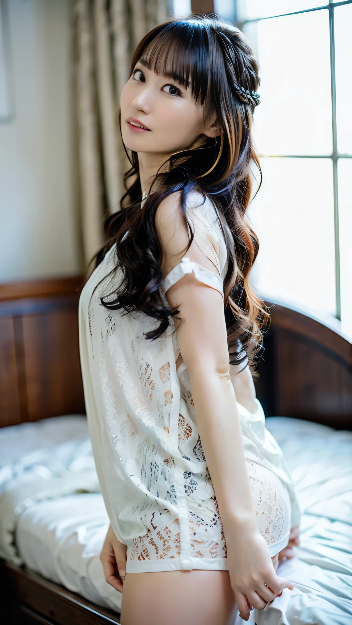 1 girl, alone focus,(middle beast,front open blouse), (ash color, hair,long hair,bangs :1.5), highly detailed eyes, (white skin:1.1), highest quality, Super detailed,beautiful decollete,on the large bed,m legs pose,back side